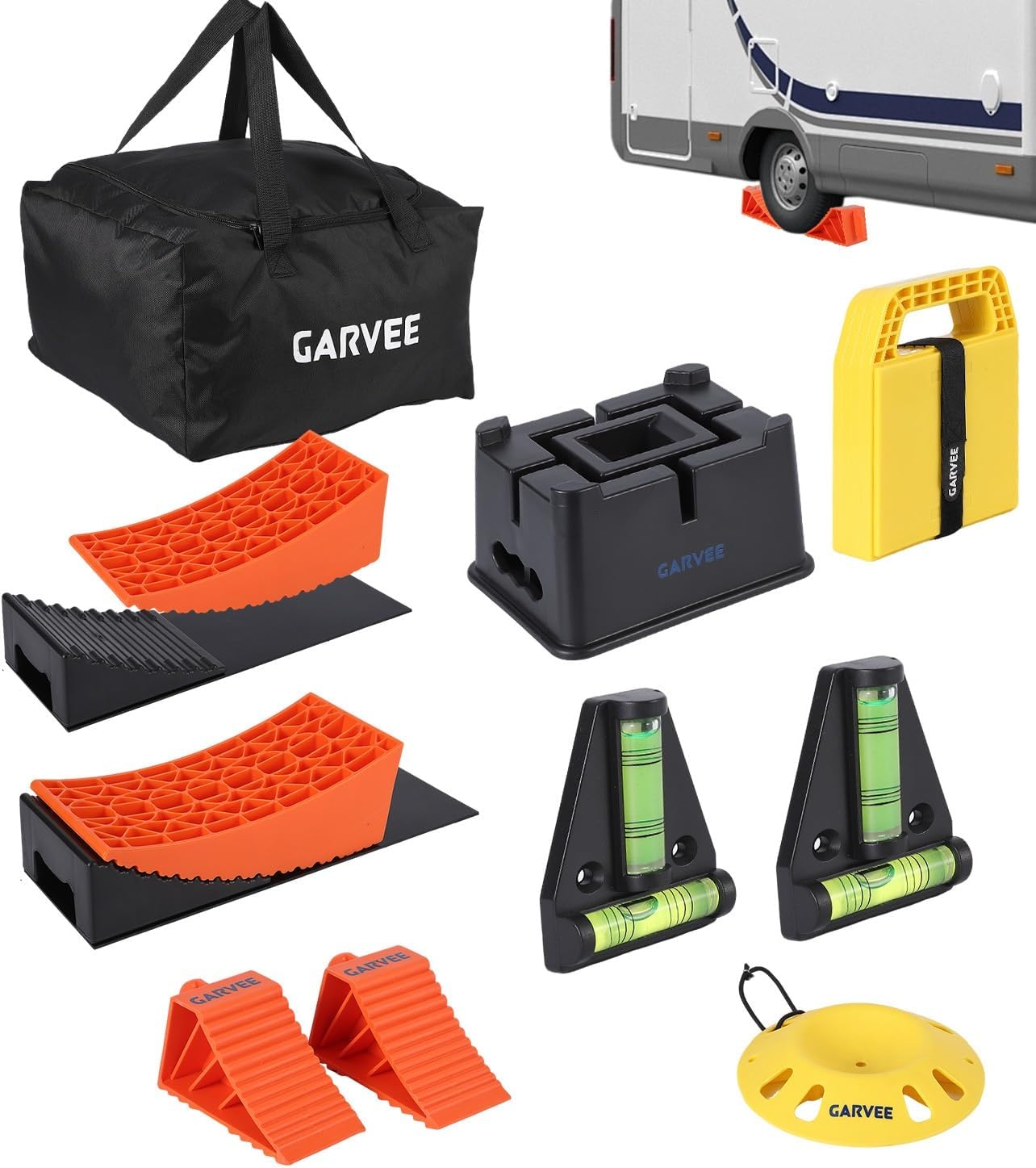 Garvee Travel Trailer Leveling, Stability, and Security Kit, RV Leveling Kit, Exterior Leveling Stablilization Levelers - Two Axle Leveling kit, Trailer Hitch Stand, Stabilizer Pads, Jack/Wheel Chock