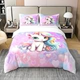 Manfei Girls Unicorn Bedding Set Colorful Rainbow Hair Duvet Cover Set Pink Love Heart Comforter Cover Set Kawaii Horse Bedspread Cover Bedroom Quilt Cover 2Pcs Twin 100% Cotton,No Comforter