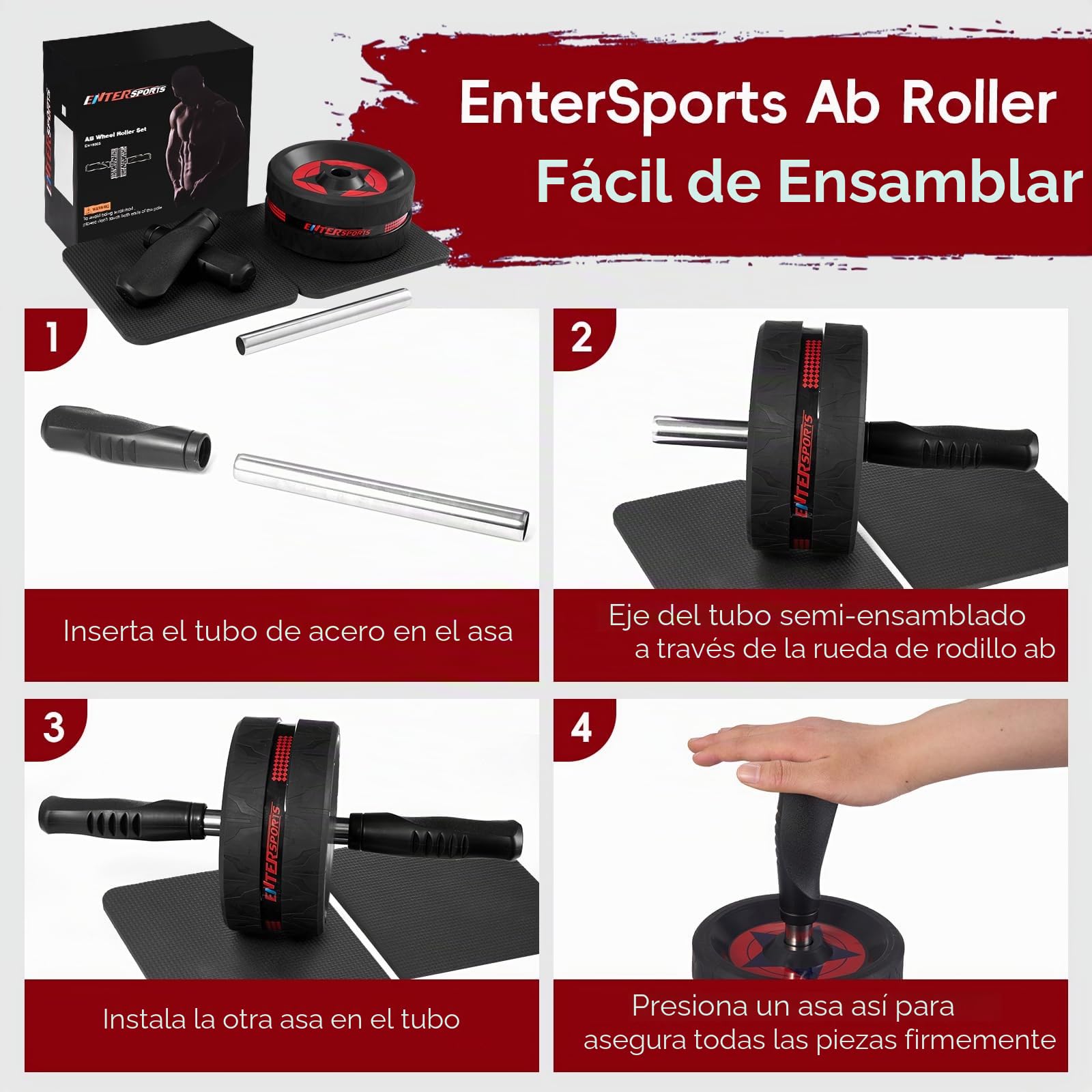 EnterSports Rodillo abdominal 6 en 1 con cinta de fitness, flexiones, esterilla para rodillas, equipo de fitness para entrenar los músculos abdominales, ideal para hombres y mujeres en casa