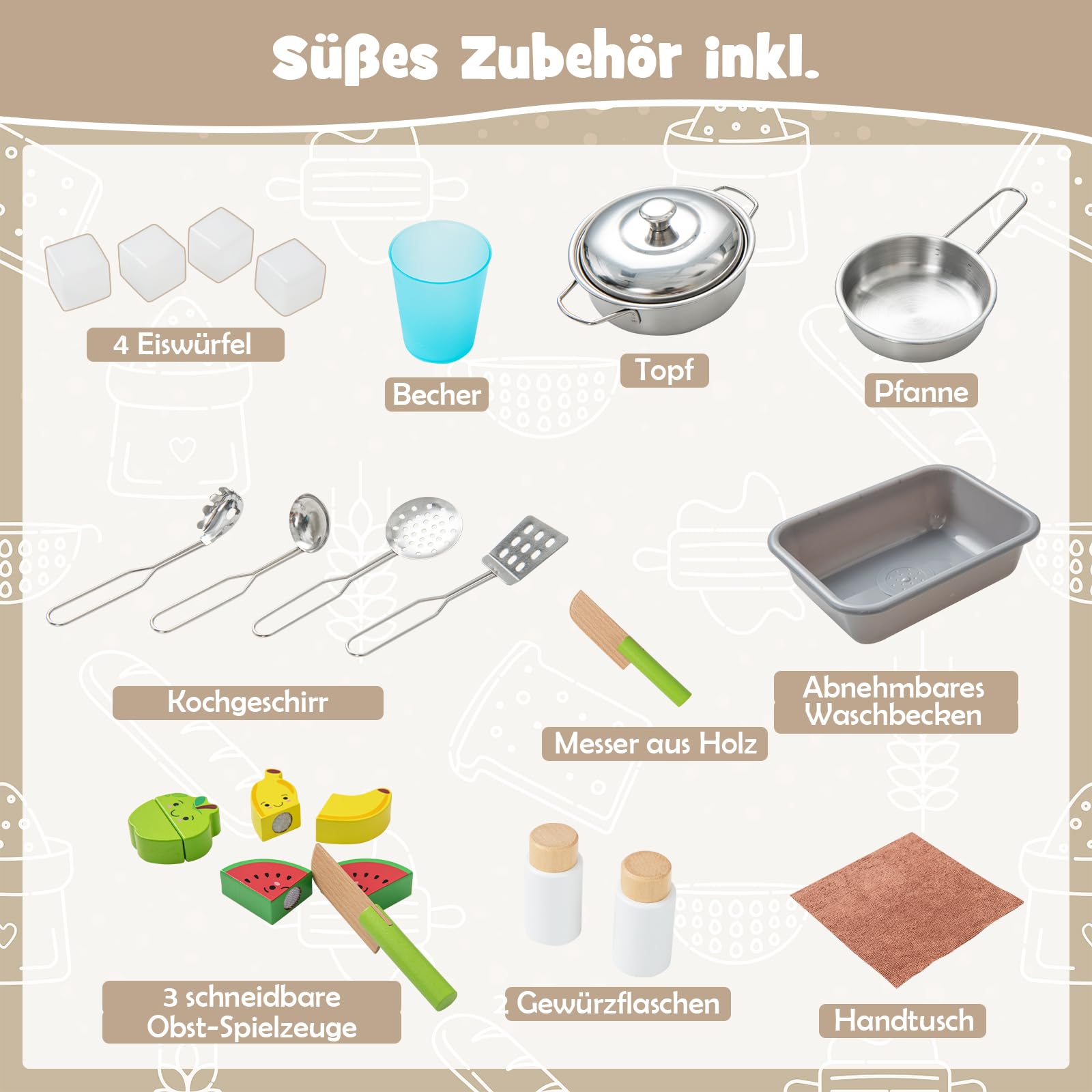 DREAMADE Kinderküche Holz mit Zubehör, Miniküche mit Mikrowelle & Dunstabzugshaube & Herd & Spüle & Backofen, Kinderspielküche Holzküche, Spielküche für Jungen und Mädchen ab 3 Jahren (Weiß)