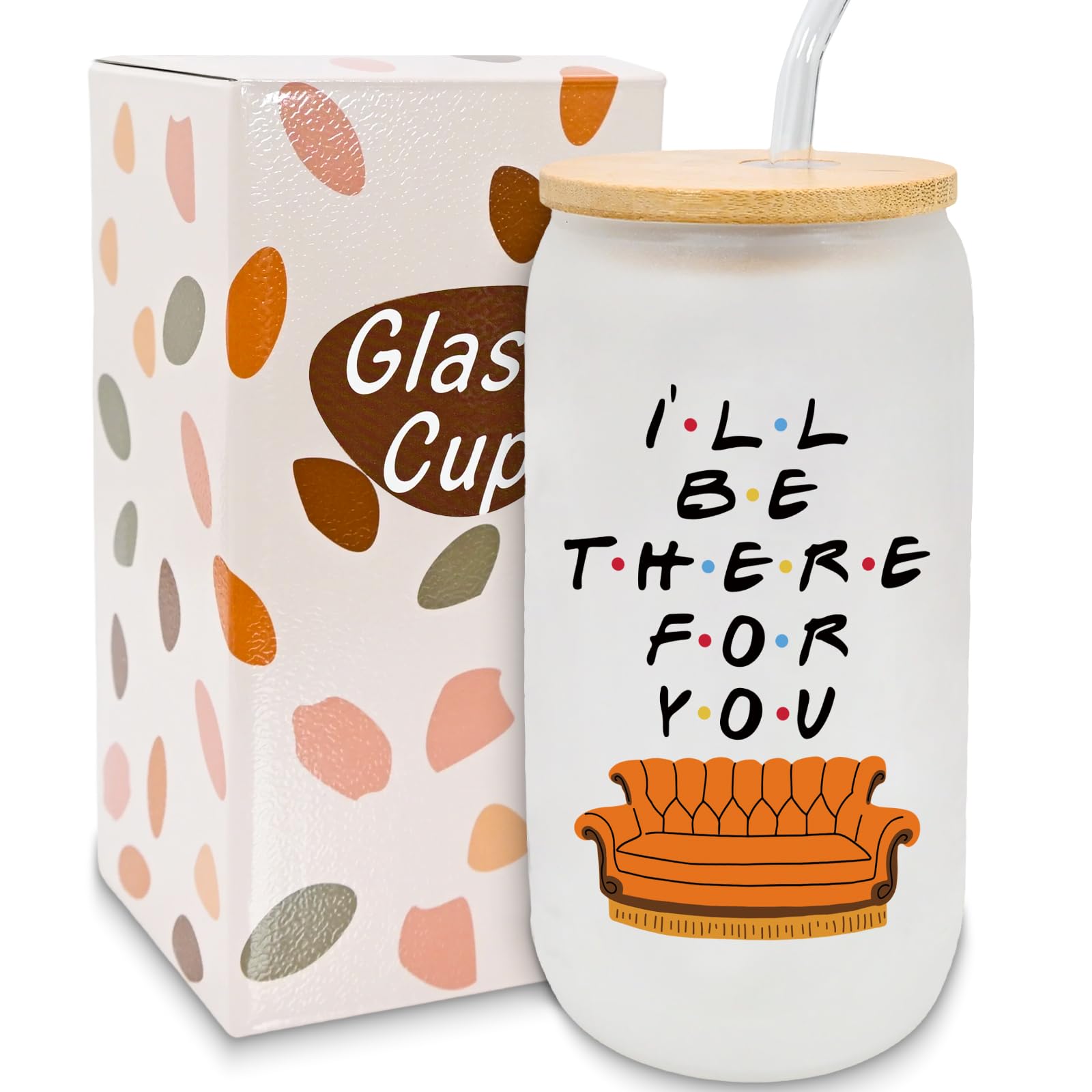 HSSPIRITZ Friends Merchandise Glass Cups with Lids and Straws, I'll be There for You Friends TV Show Fans Gifts, Birthday Christmas Gifts for Women Men, 16oz Iced Coffee Cup Ideal for Cocktail, Soda