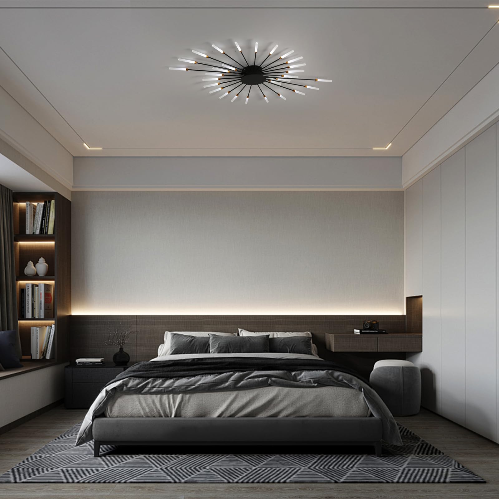 Plafonnier Led Moderne,28 TêTes À Intensité Variable,Plafonnier Semi-Encastré,Lustres Noirs Pour Chambre À Coucher,Salon,Cuisine,Salle À Manger, Restaurant,Bureau,3000-6000K Avec Télécommande
