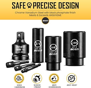 boen 1/2 Drive SAE Impact Socket Set, 3/8 to 1-1/2 Deep Socket, 6-Point Hex Socket with Portable Case, Rugged Construction, CR-V Steel, 24PCS