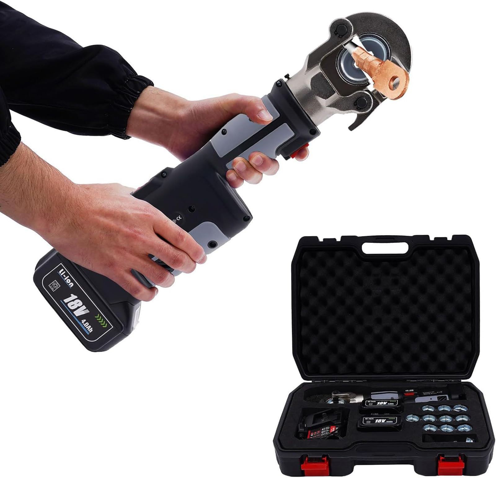 BOOZXCV Upgraded Electric Hydraulic Cable Lug Crimping Machine 120KN Rechargeable Terminal Cable Pliers 16-400mm2, LCD Display with 12 Dies 2 Batteries 18V (Discontinuous)
