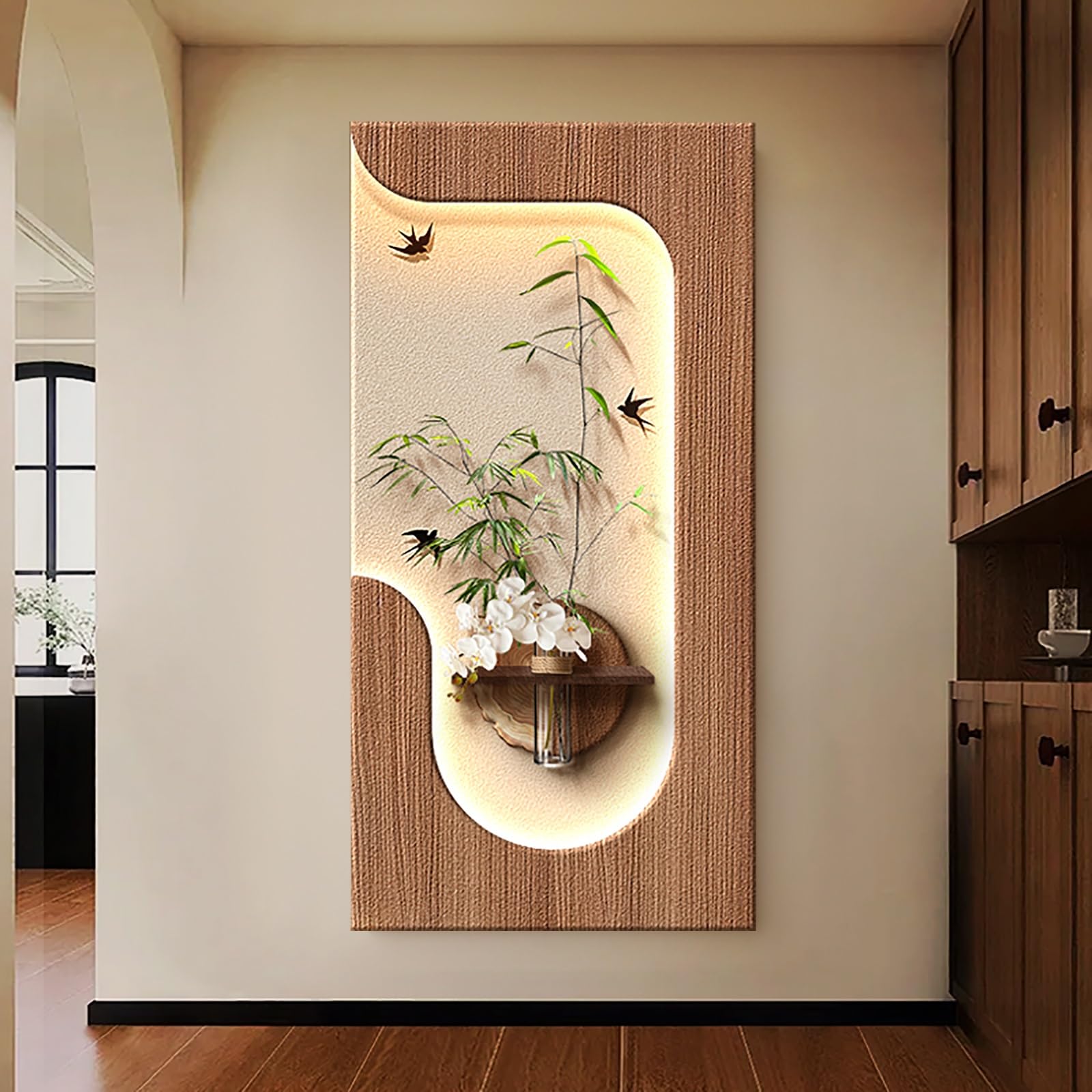 AZQOHMIS LED Illuminated Sandstone Wall Art with Vase and Plant, 3D Decorative Sculpture for Living Room, Entryway, Office, Hotel