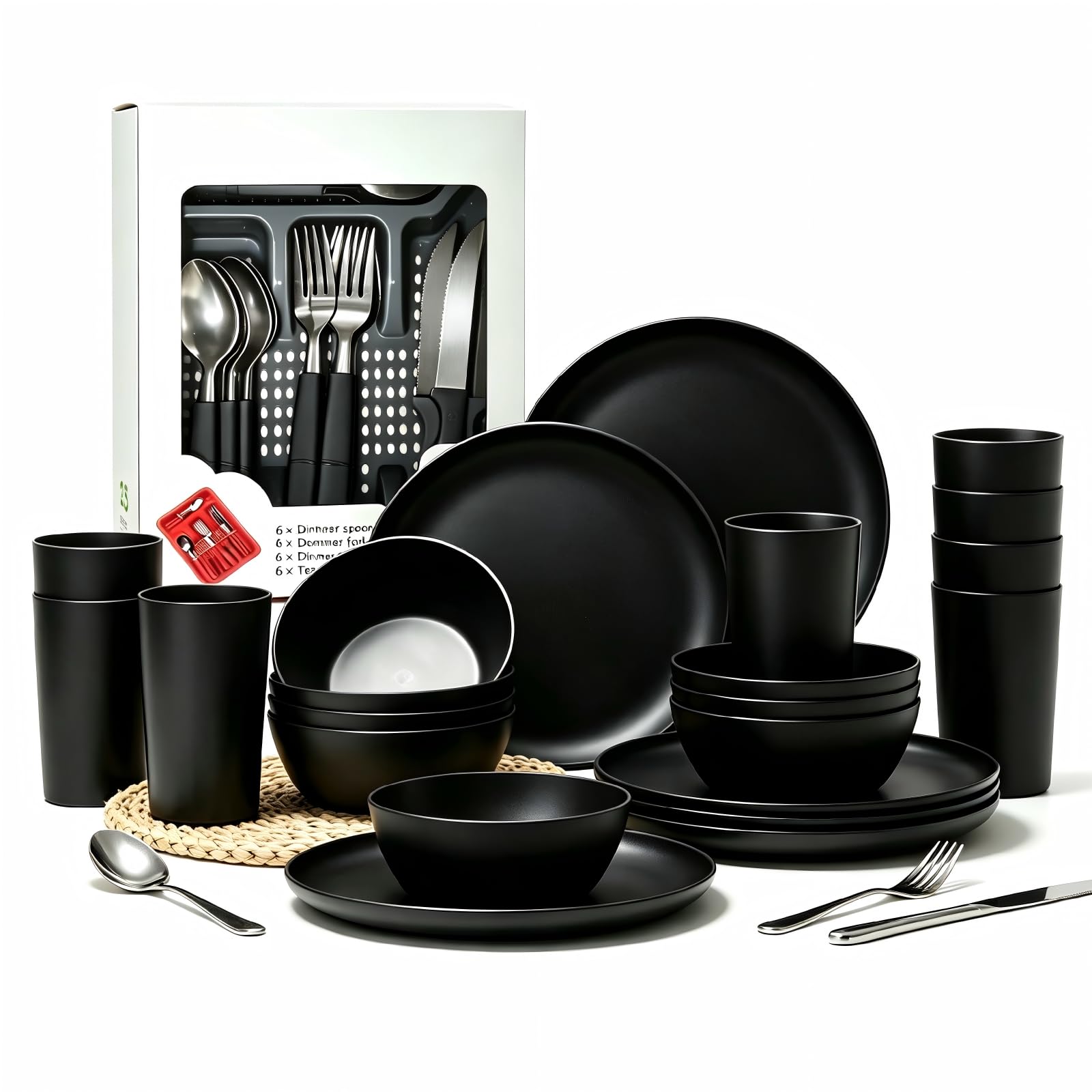 Set di stoviglie in plastica infrangibile, per 8 persone, senza BPA, per uso alimentare, con posate incluse, impilabili, lavabili in lavastoviglie, per campeggio, picnic, barbecue, viaggi, 24 pezzi