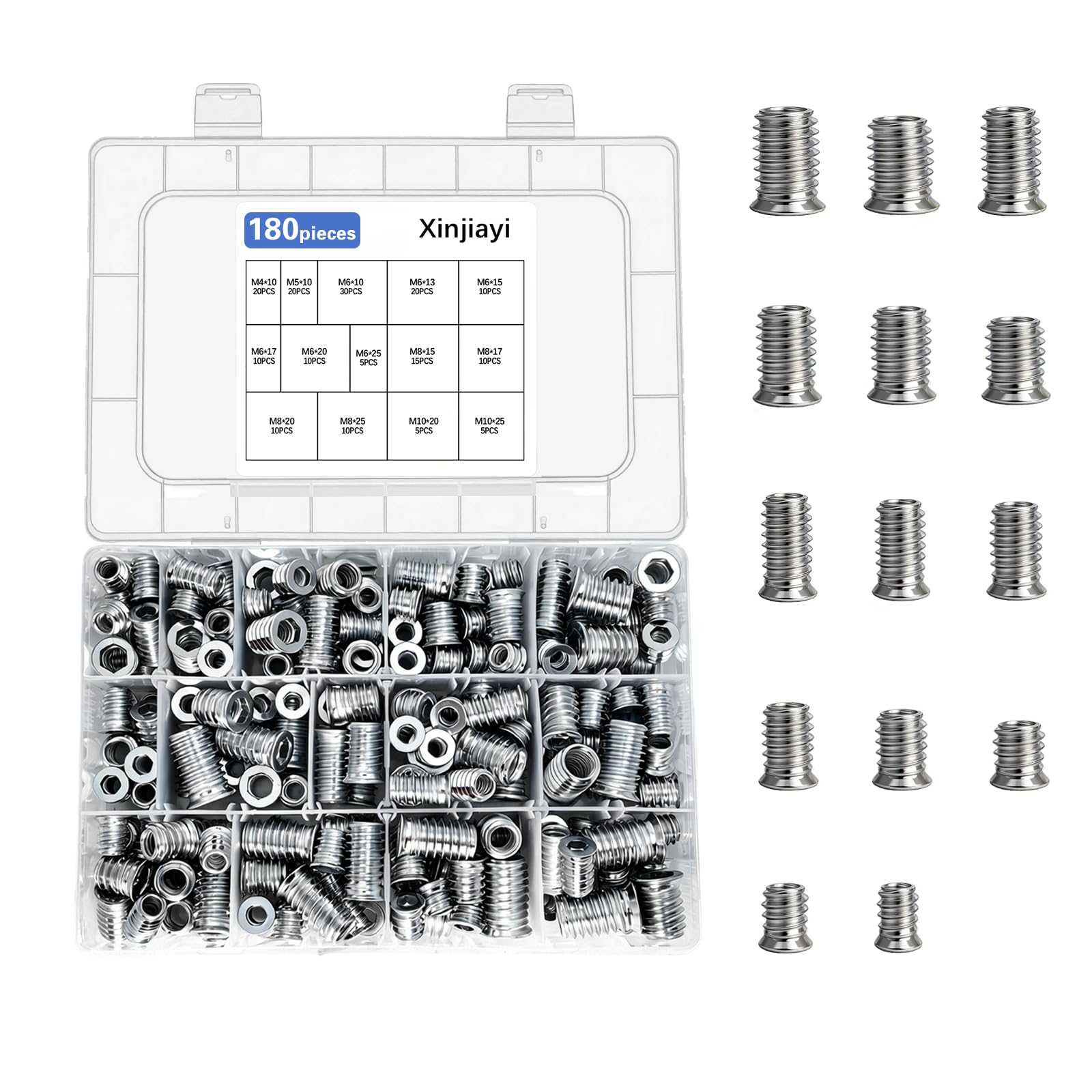 Xinjiayi Threaded Inserts for Wood, 180 Pcs Threaded Inserts Nuts, M4/M5/M6/M8/M10 Nuts, Steel Threaded Inserts, Screw With Box, Hex Socket Nuts for Wood Furniture, DIY and Many Projects