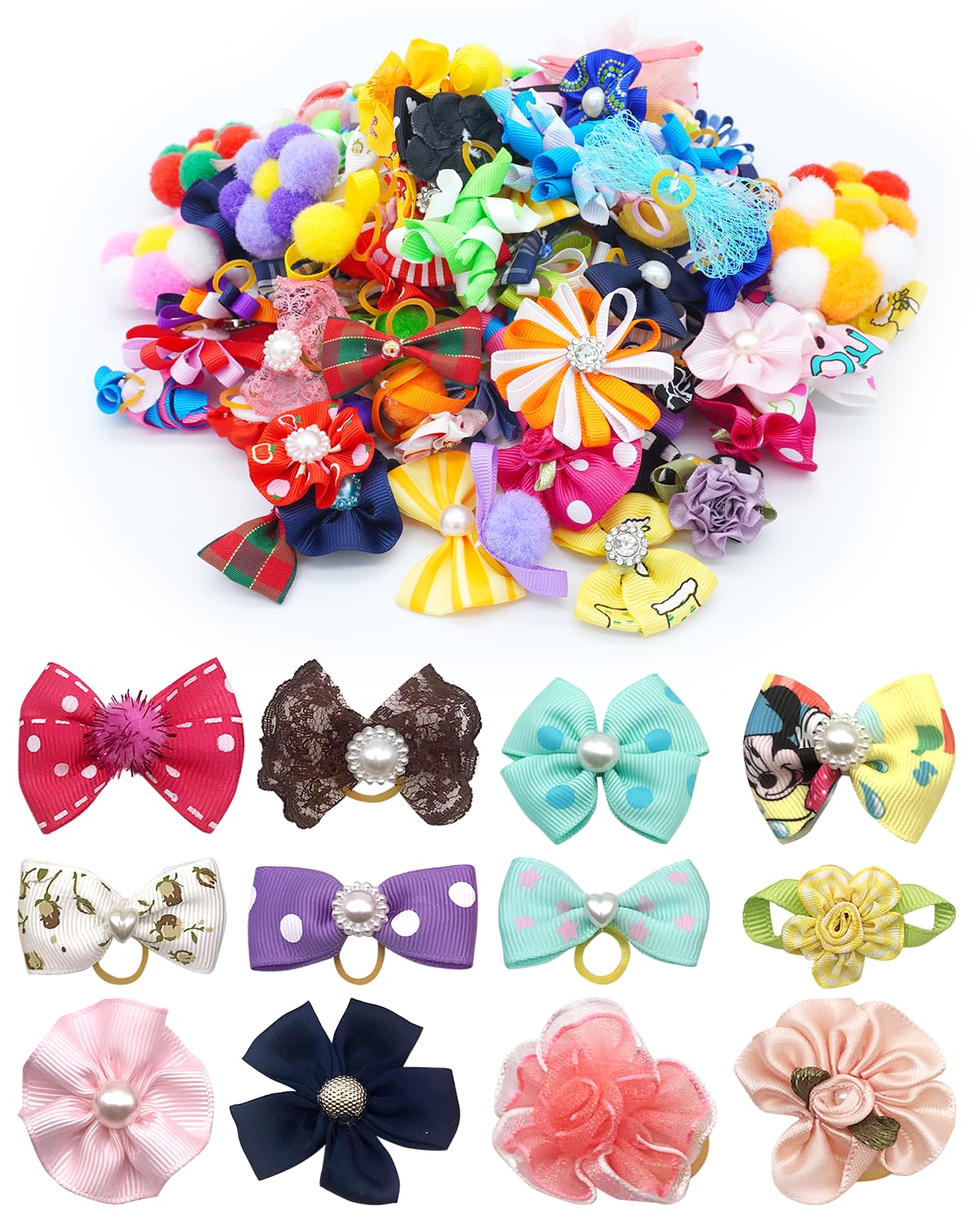 BIPY 100pcs/pack Small Dog Hair Bows with Rubber Bands for Doggies Puppies Kitten Valentine's Day Wedding Festival Pet Yorkie Alpaca Topknot Attachment Grooming Accessories Random Color