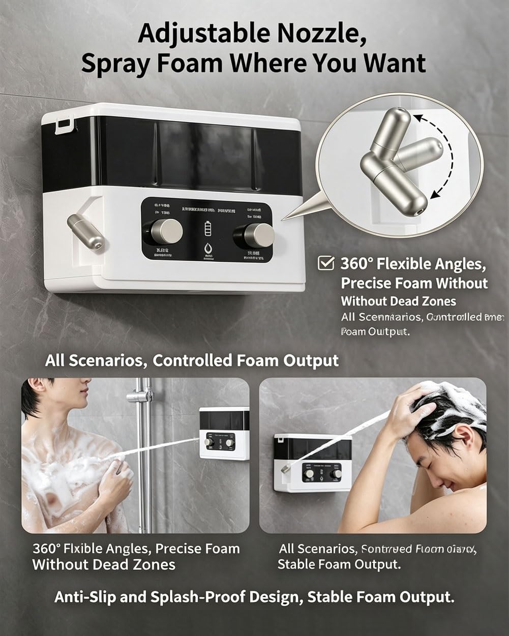 Dispensador de jabón espumoso para ducha, montaje en pared, recargable, boquilla ajustable, capacidad de 620 ml, impermeable para baño y hotel