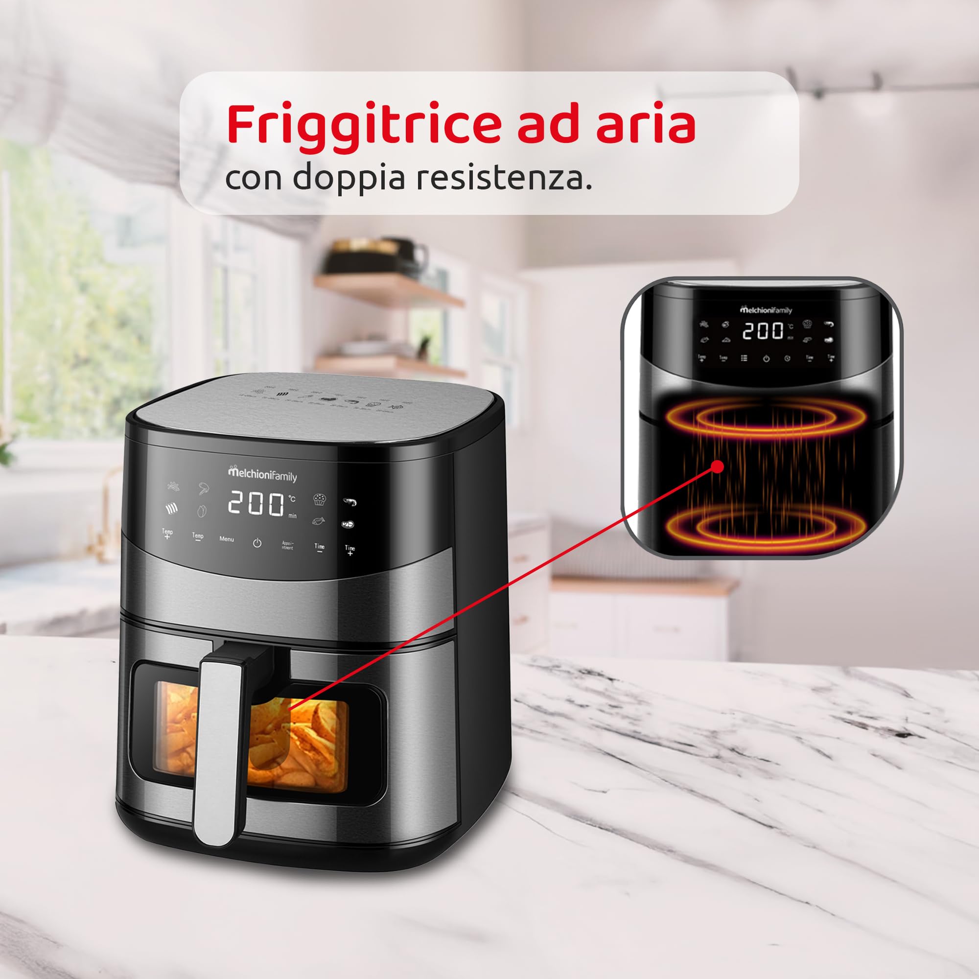 Melchioni Family | ARIANNA Friggitrice ad Aria 6,5L con Doppia Resistenza | Air Fryer con Display LED, 8 Programmi, Timer, Cestello con Finestra, 2000W