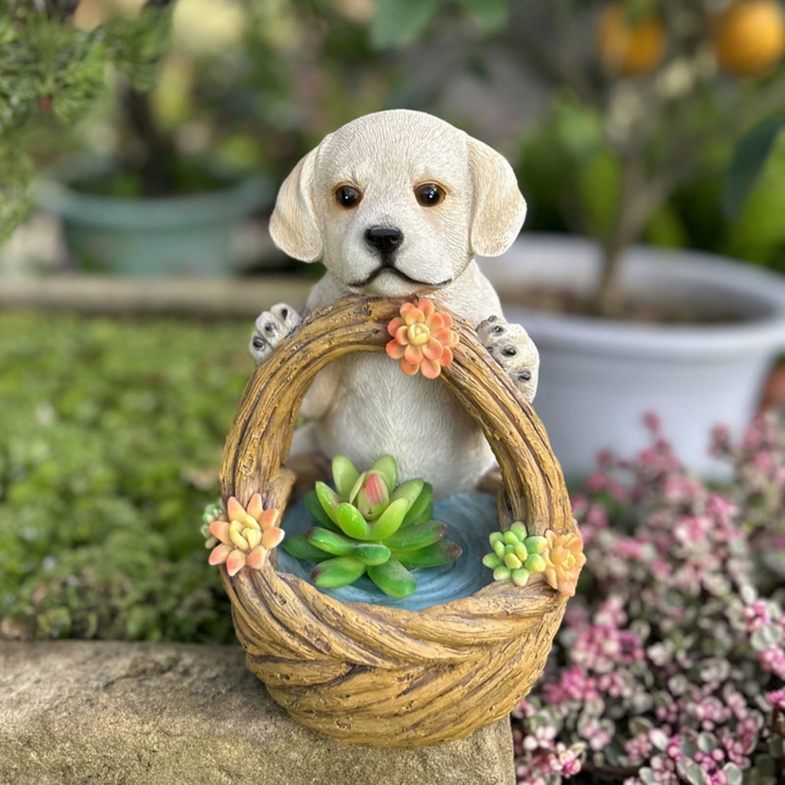 POCHY Figurki ogrodowe do użytku na zewnątrz, dekoracja ogrodowa z koszem na kwiaty, odporne na warunki atmosferyczne, figurki z żywicy syntetycznej, rzeźba psa pamiątkowego