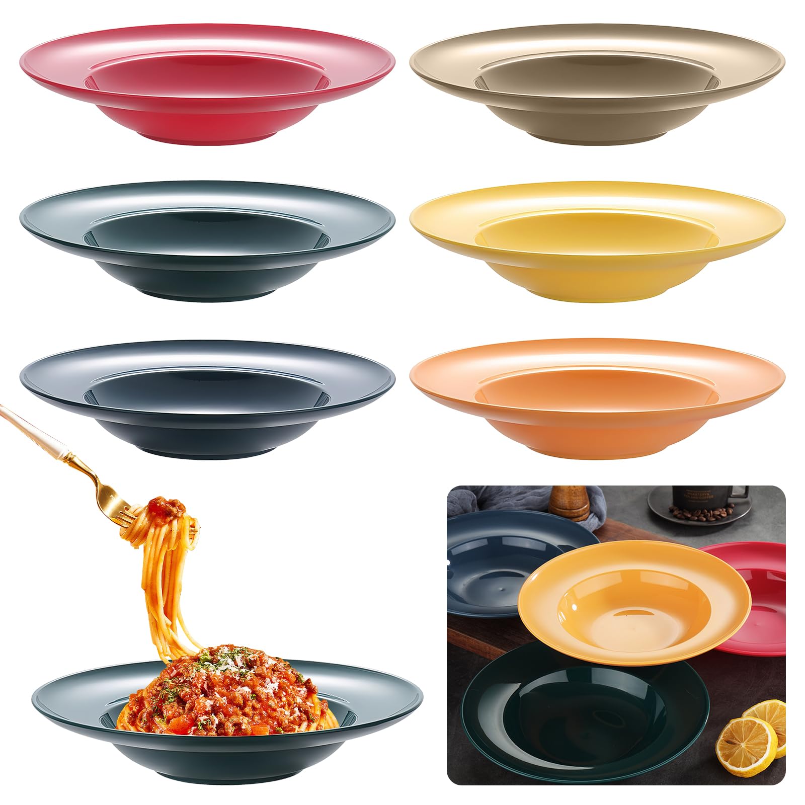 Juego de 6 platos hondos de pasta, platos hondos, platos hondos, reutilizables, platos profundos, para pasta, ensaladas, filetes, microondas y lavavajillas – 4,5 x 23 cm