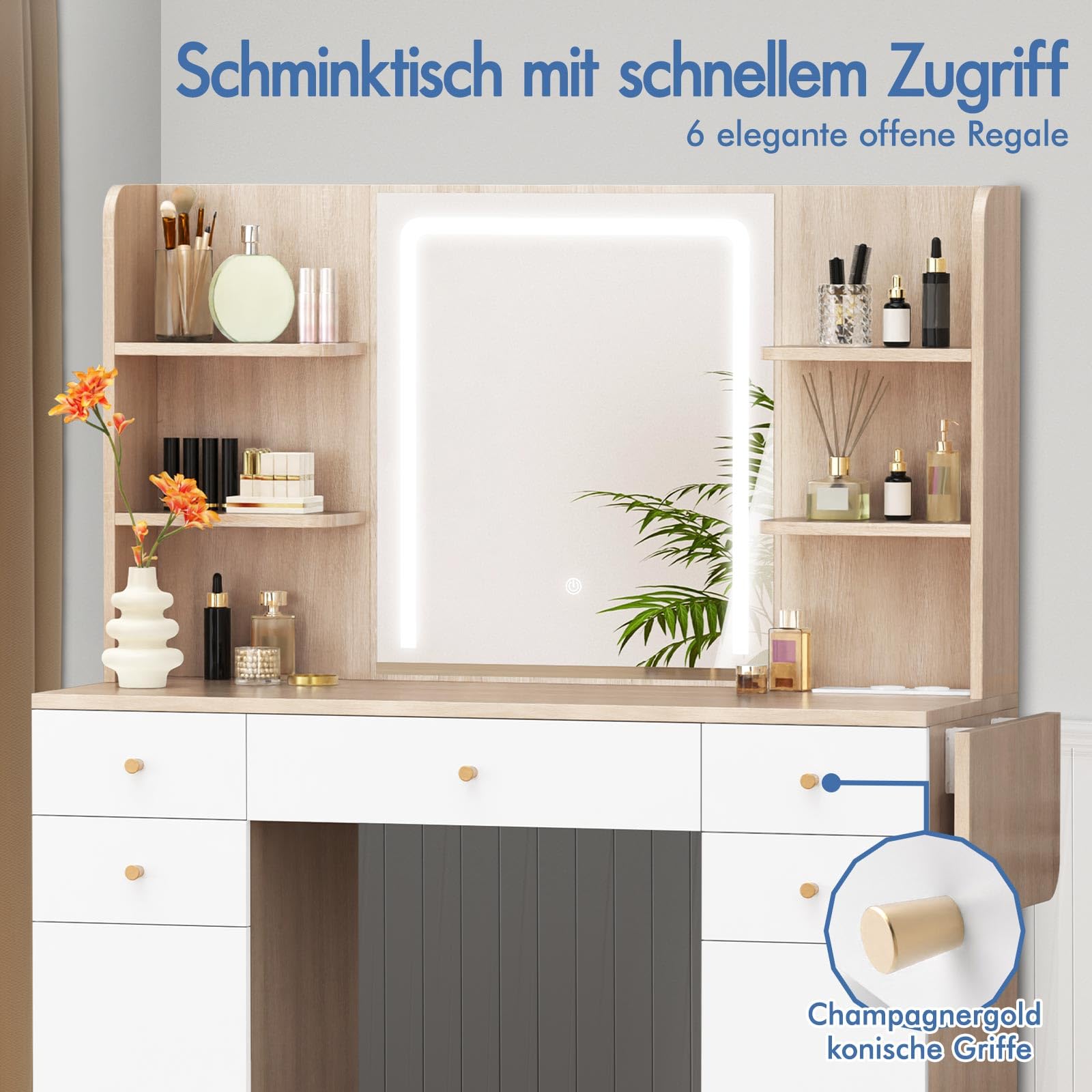 ALFORDSON Schminktisch mit Beleuchtung, Hocker, 6 Offene Regale, Eiche