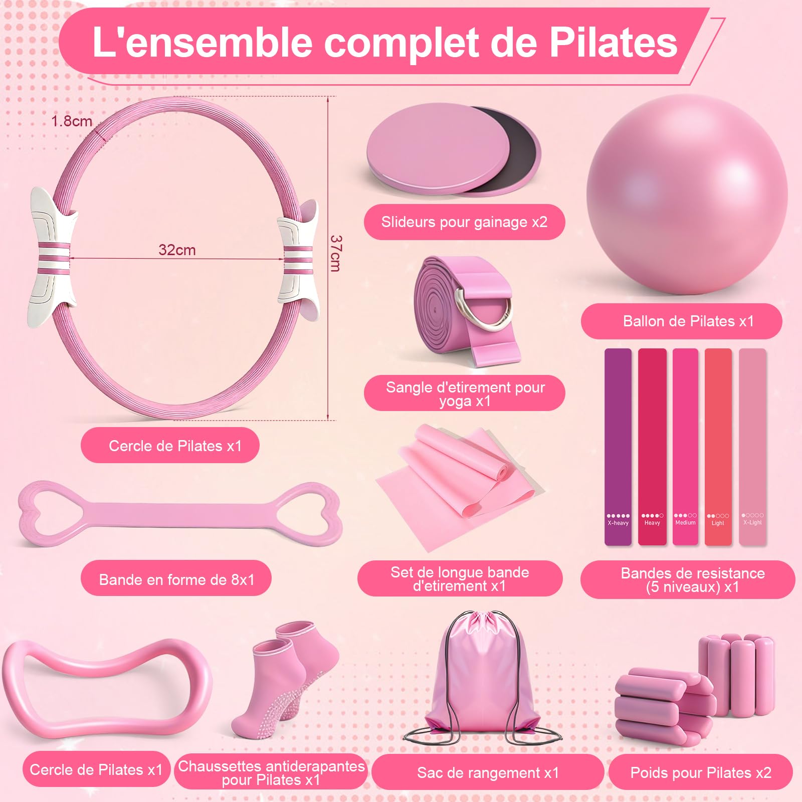 Kit Pilates 14PCS Rose – Kit Pilates Maison avec Anneau, Ballon, Bandes de Résistance – Set Entraînement Complet