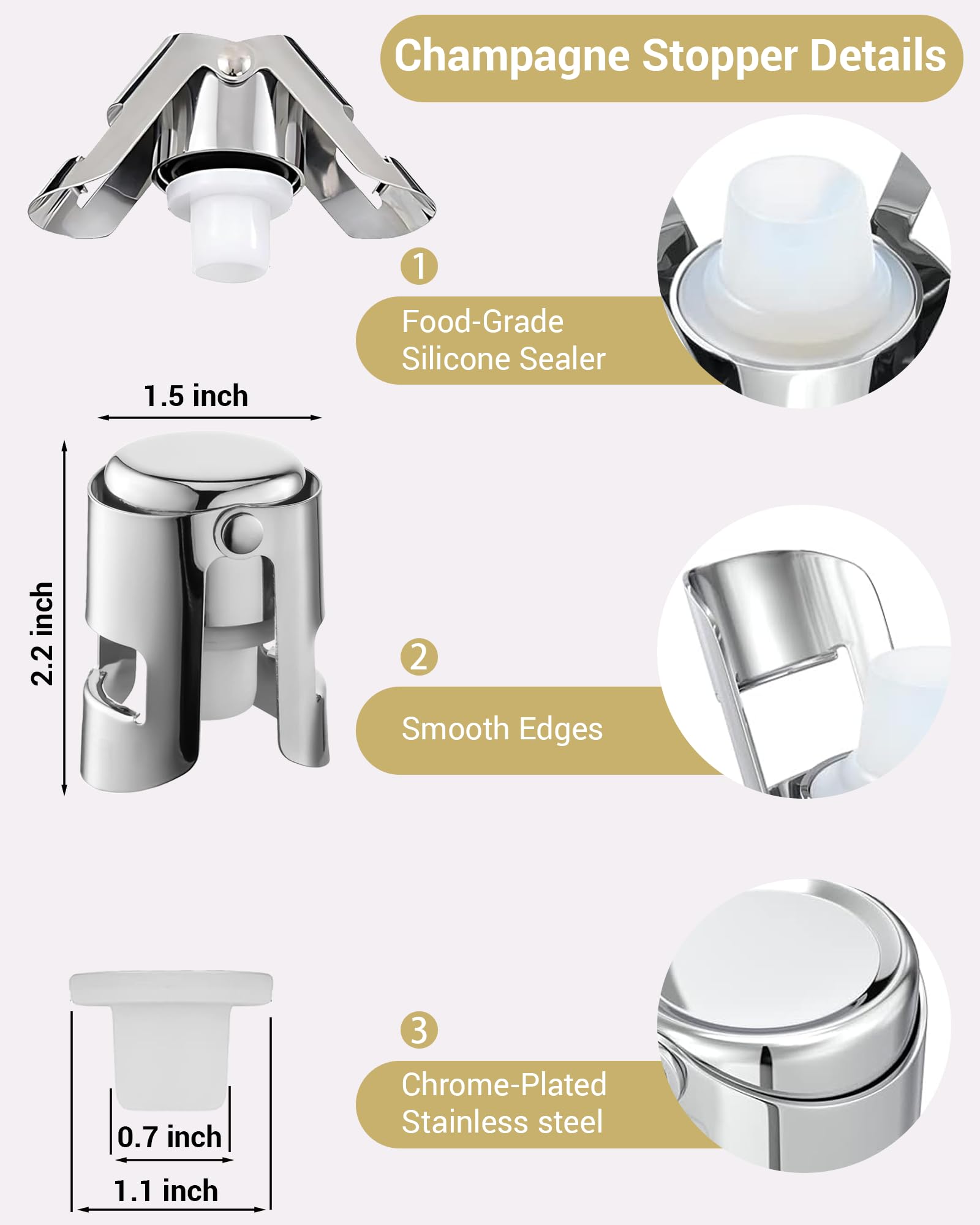 Champagne Stoppers 2 Pack, Leak-Proof Stainless Steel Wine Stopper Saver with Silicone Seal Sparking Wine Saver for Cava, Prosecco and More, Silver