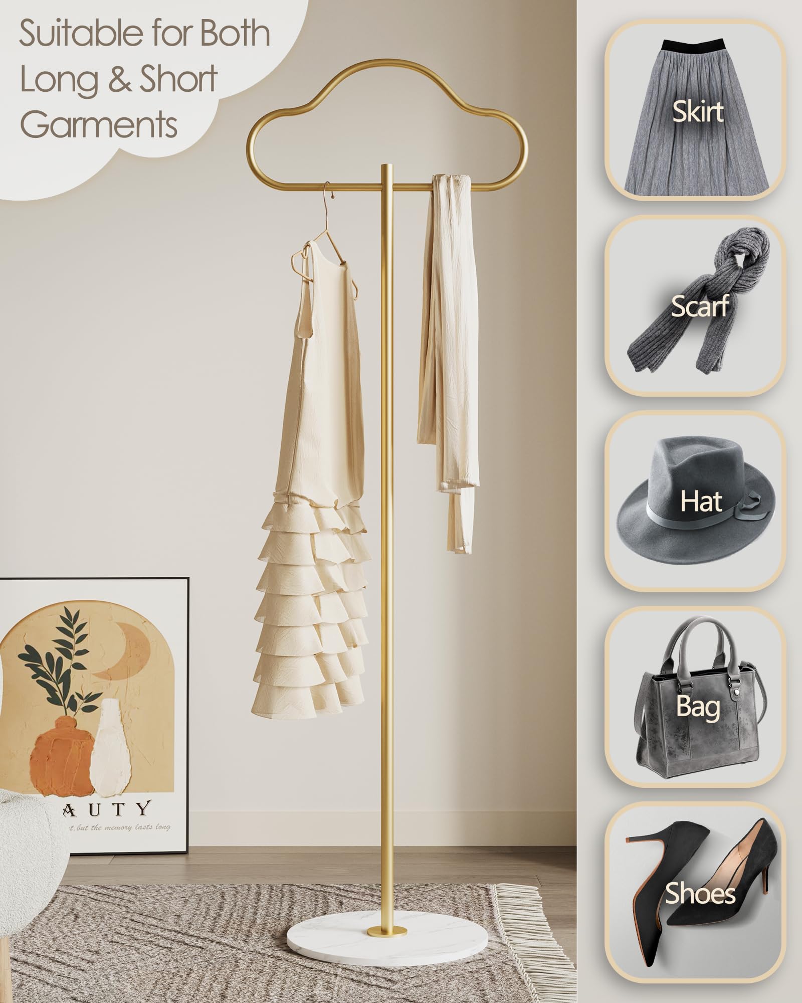 Porte-manteau doré autoportant avec base en marbre robuste, présentoir pour vêtements, chemises, petit porte-vêtements sur pied en métal pour coin pour chambre à coucher, entrée de boutique