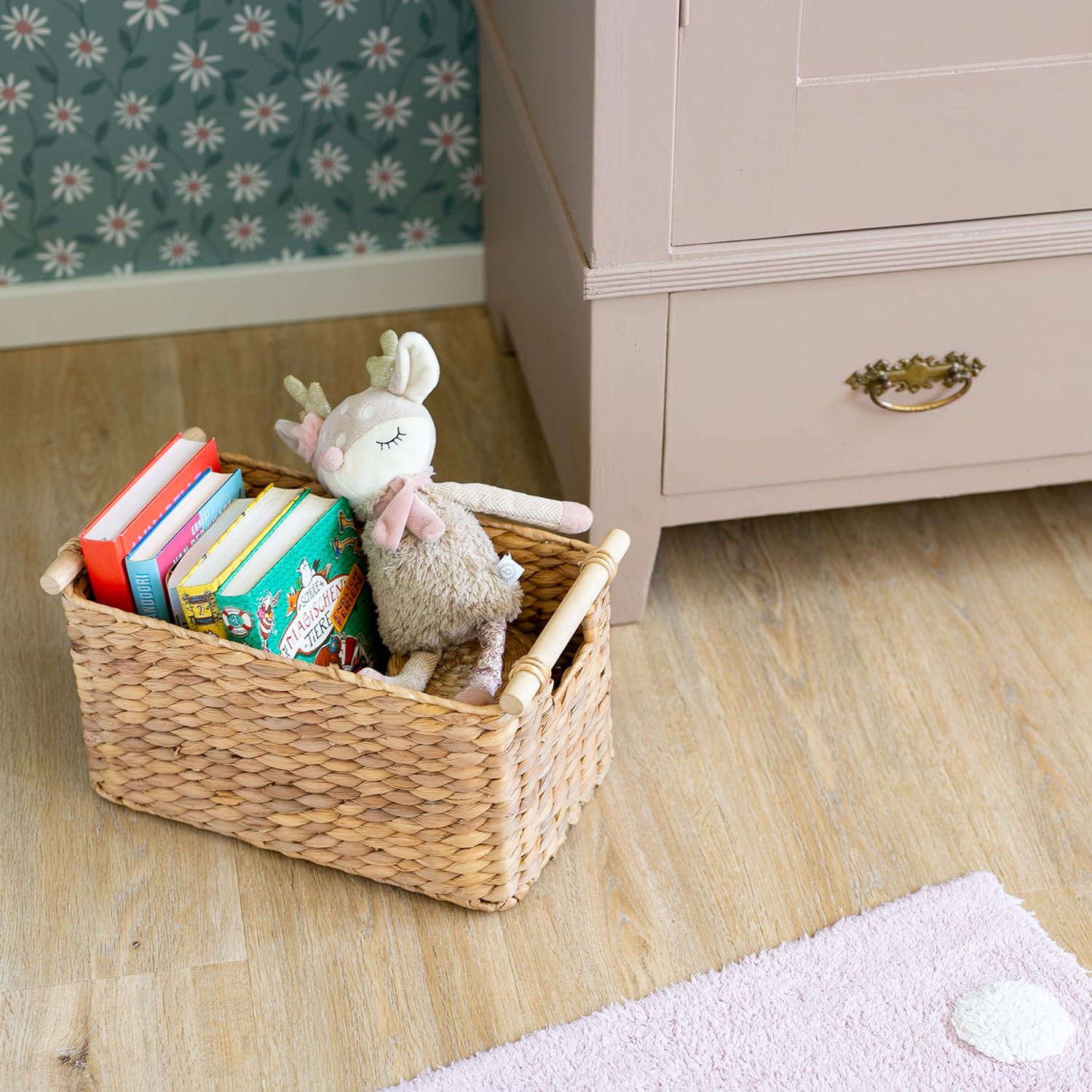 HMF Cesto portaoggetti intrecciato in giacinto d'acqua, Cesto decorativo con manici in legno per riporre oggetti in bagno, soggiorno, cucina | 37 x 22 x 20 cm | naturale