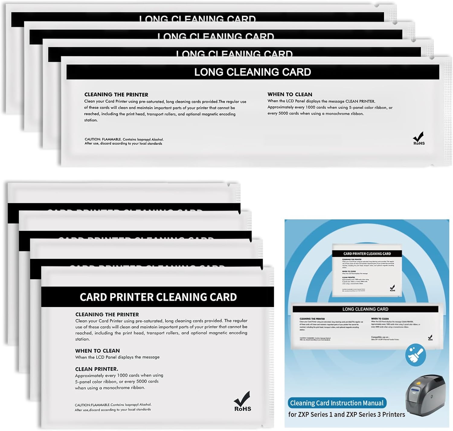 8PCS 105999-301 Cleaning Card Kit for Zebra ZXP Series 1 ZXP Series 3 ZXP1 ZXP3 ID Card Printer ZXP1 ZXP3 Path and Feeder Cleaning Cards ZXP1 ZXP3 Printer Cleaning Sheets with Instruction Manual