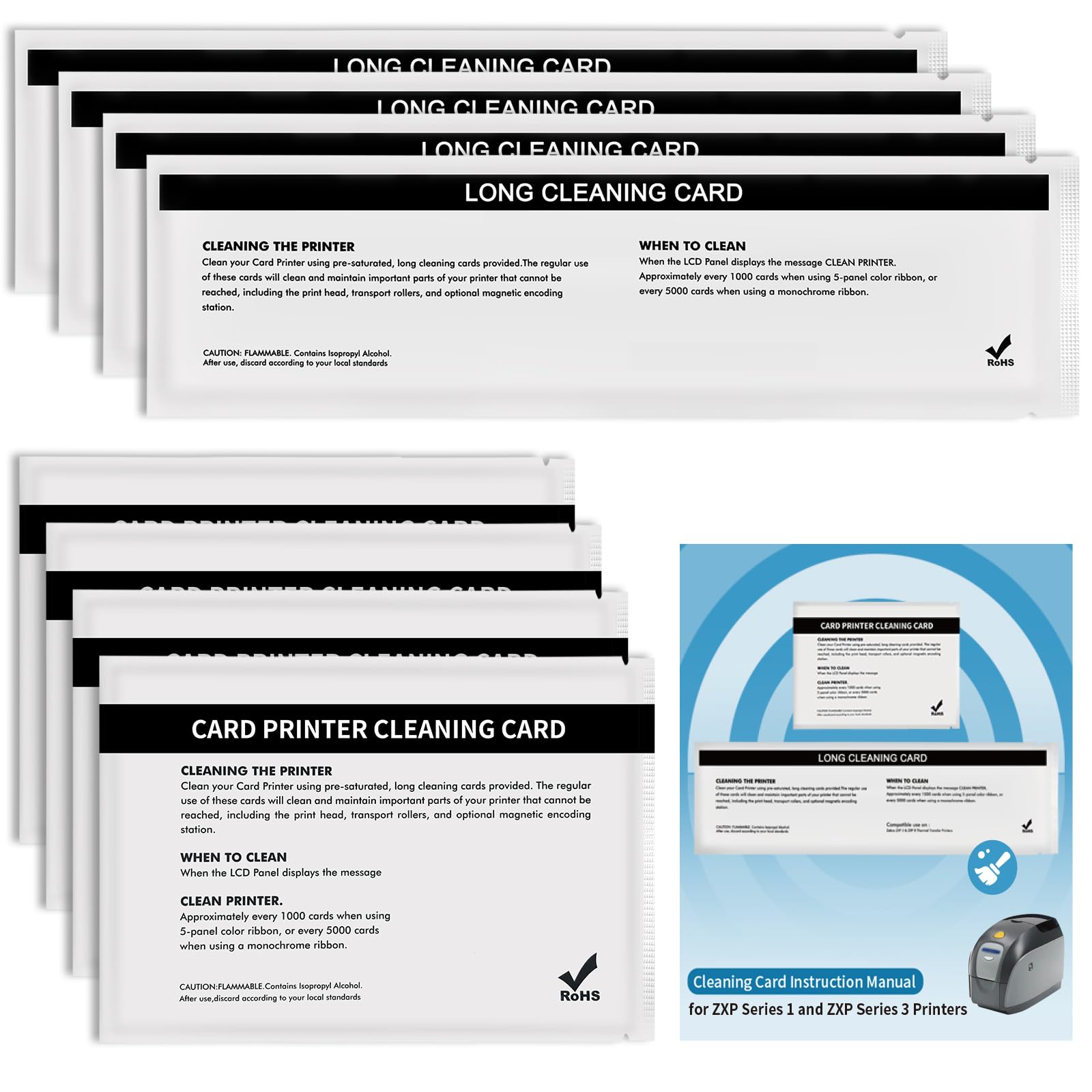 8PCS 105999-301 Cleaning Card Kit for Zebra ZXP Series 1 ZXP Series 3 ZXP1 ZXP3 ID Card Printer ZXP1 ZXP3 Path and Feeder Cleaning Cards ZXP1 ZXP3 Printer Cleaning Sheets with Instruction Manual