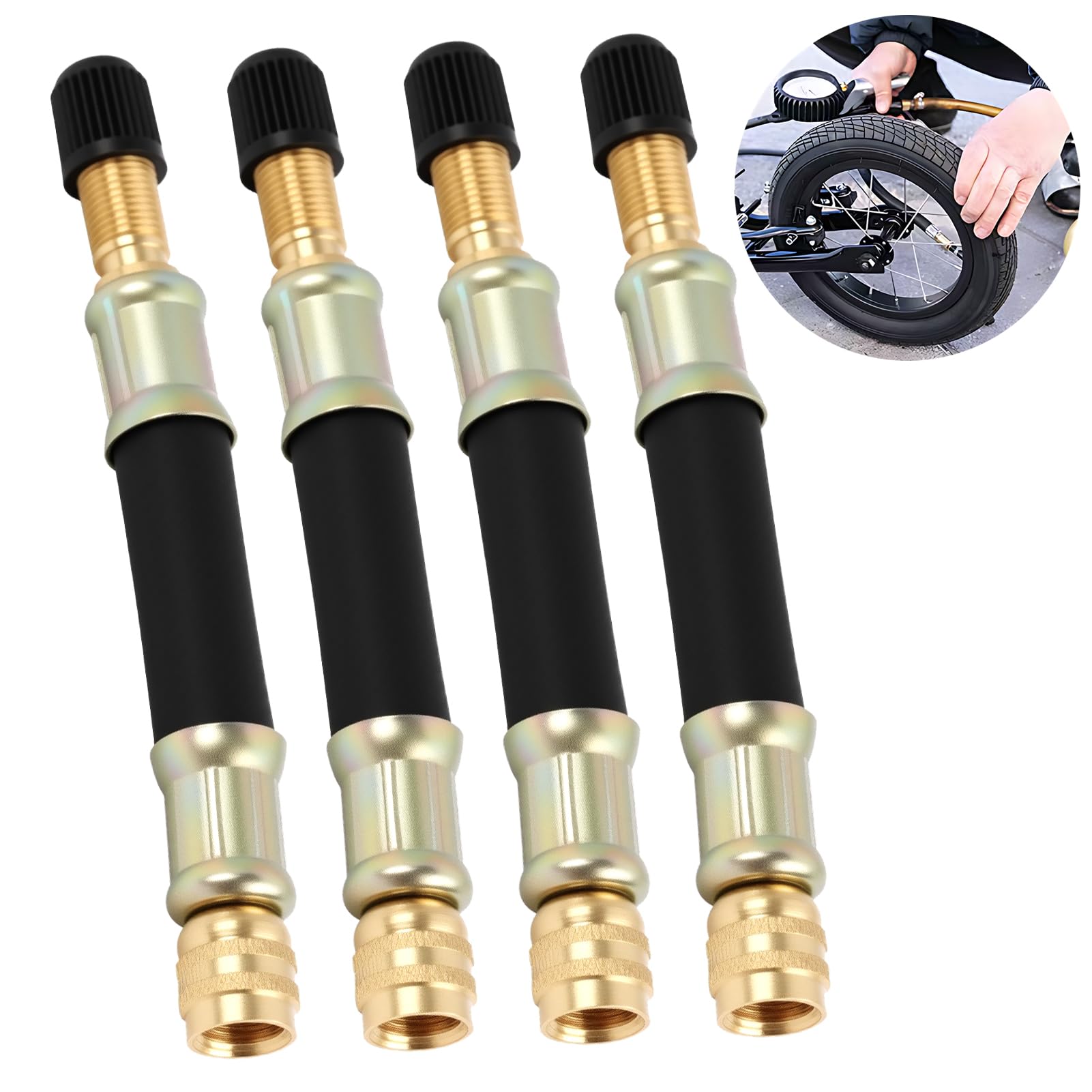 4 PCS Estensione universale flessibile per valvola, 100 mm con Tappi di Tenuta, Prolunga Valvola Pneumatici 100mm, Prolunga Valvola in Gomma per Auto, Moto, Bicicletta, Camion, Camper, Passeggini