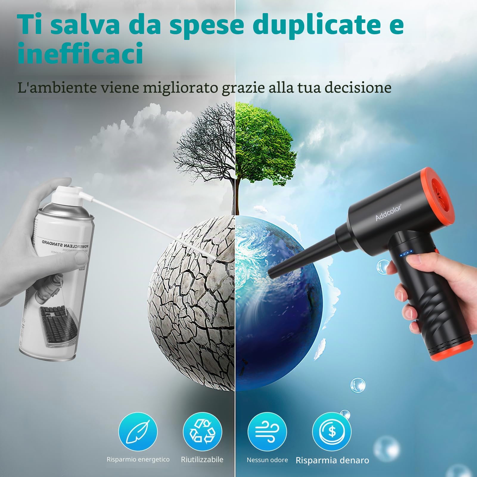 Elettrico Rimuovi Polvere Aria Compressa 6000mAh, AD-38 Air Duster per Ufficio Tastiera, 3 Velocità Vento Regolabili con Luce LED, Spolverino Ad Aria Compressa Senza Fili e Riutilizzabile
