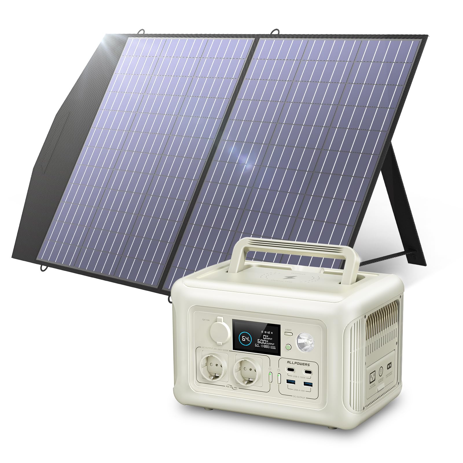 ALLPOWERS R600 générateur solaire avec panneaux solaire pliables de 100W, 299Wh batterie LiFeP04, Chargement rapide sans fil 15W, fonction UPS, Entrée maximale de 400W, camping, fête, voyage, jardin
