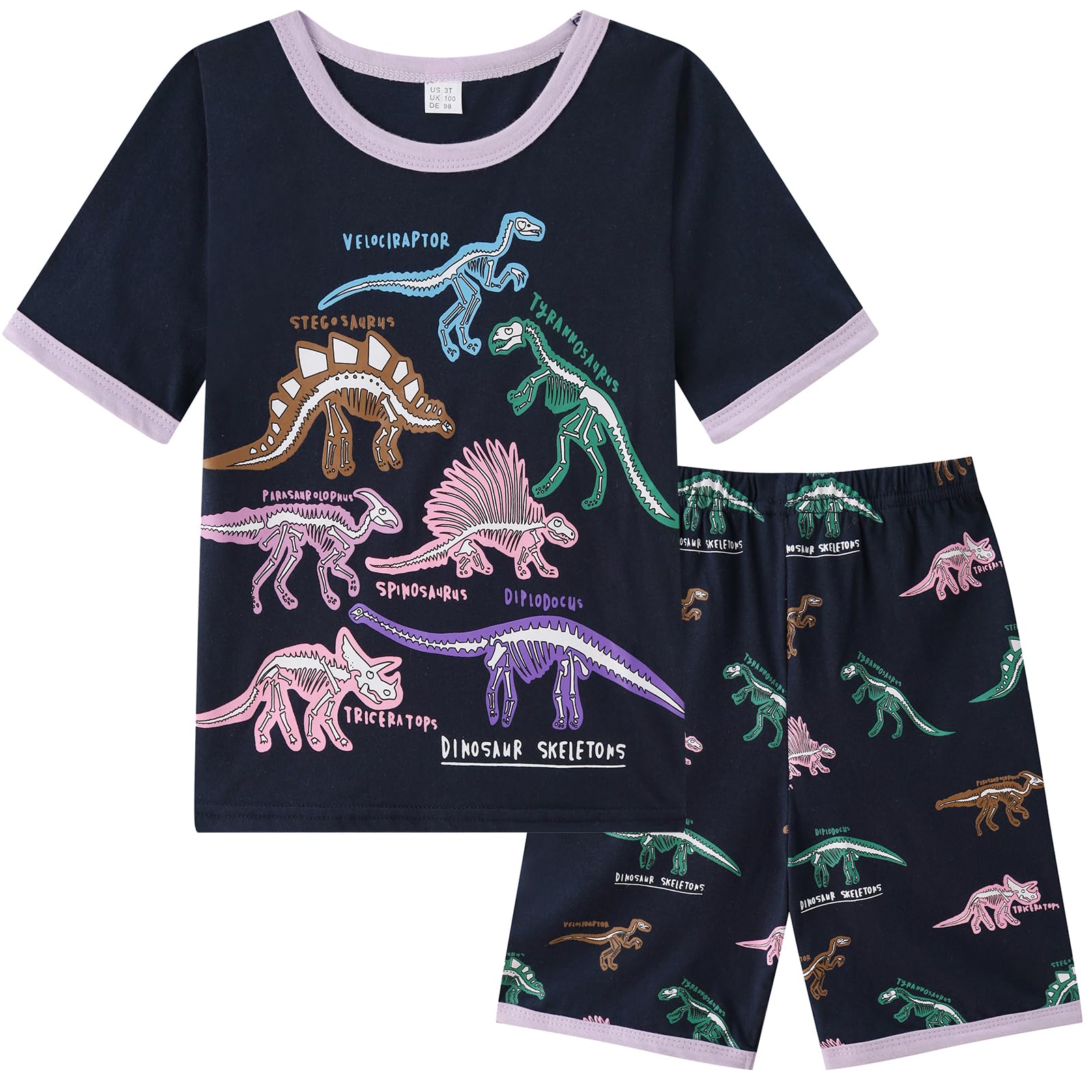 Dinopjs Mädchen Kurzarm Schlafanzug Lounge Einhorn Dinosaurier Giraffe Pyjama Set T-Shirts mit Shorts Girls Home Wear Bekleidung Bequeme und Atmungsaktive Familienkleidung für 2-12Y Kinder