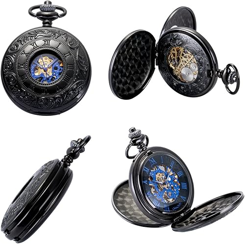 Miniatura 2 de ManChDa Relojes mecánicos de bolsillo con esfera de números romanos con caja y cadenas para hombres y mujeres