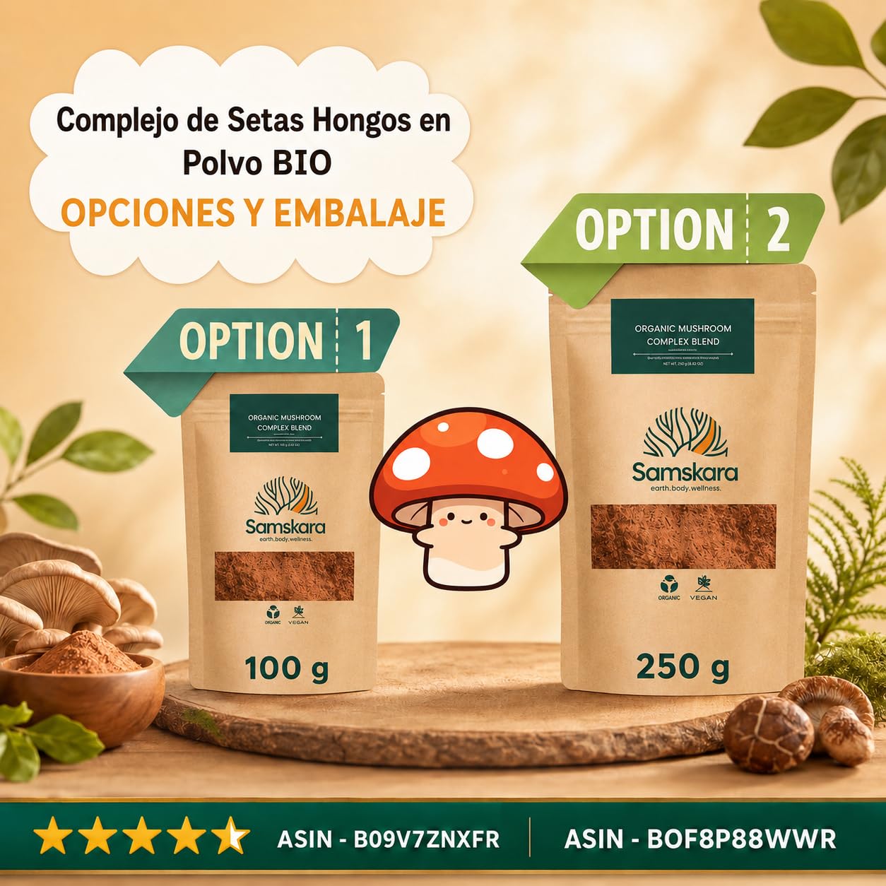 Samskara Complejo de Setas Hongos Medicinales en Polvo BIO | Reishi, Chaga, Maitake, Shiitake, Cordyceps, Melena de León | Mushroom Complex con Minerales | Frescura Garantizada (250 gr, Sin sabor)
