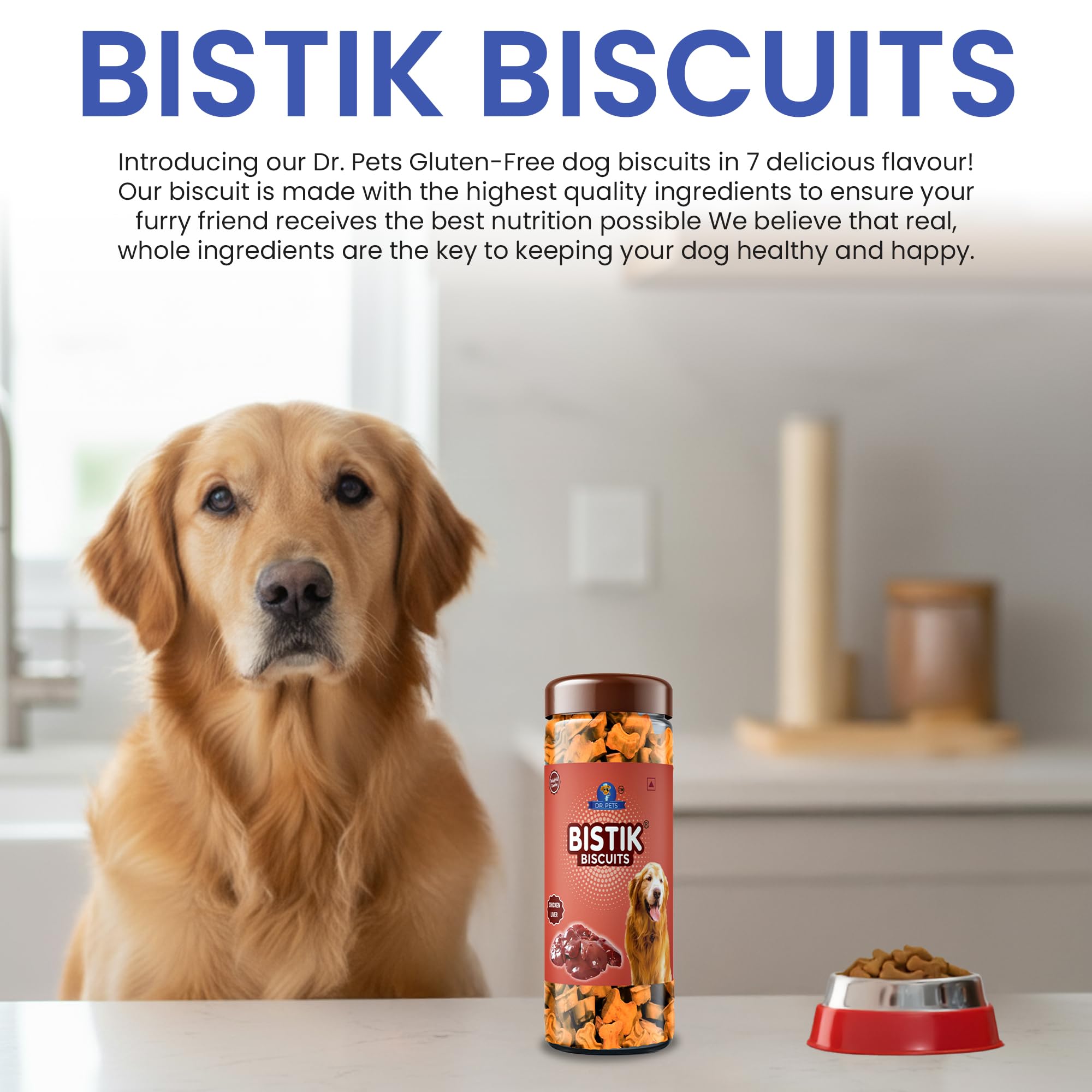 Dr. Pets 450g Bistik Dog Biscuits | Chicken Liver Flavour | Gluten Free Dog Treats for Puppies & Adult Dogs | Crunchy Training Reward & Daily Snack | Jar Pack 4