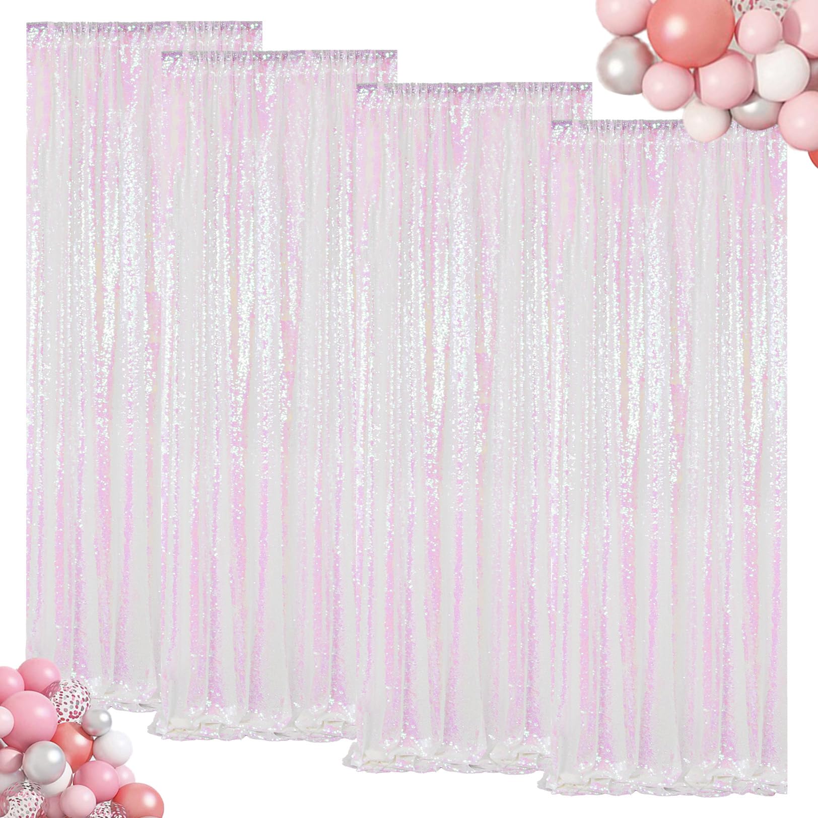 ShinyBeauty Sequin Backdrop 4 Panels White Sequin Curtains Photo Backdrop Shimmer Backgrounds for Christmas, Wedding, Studio Photography, Iridescent