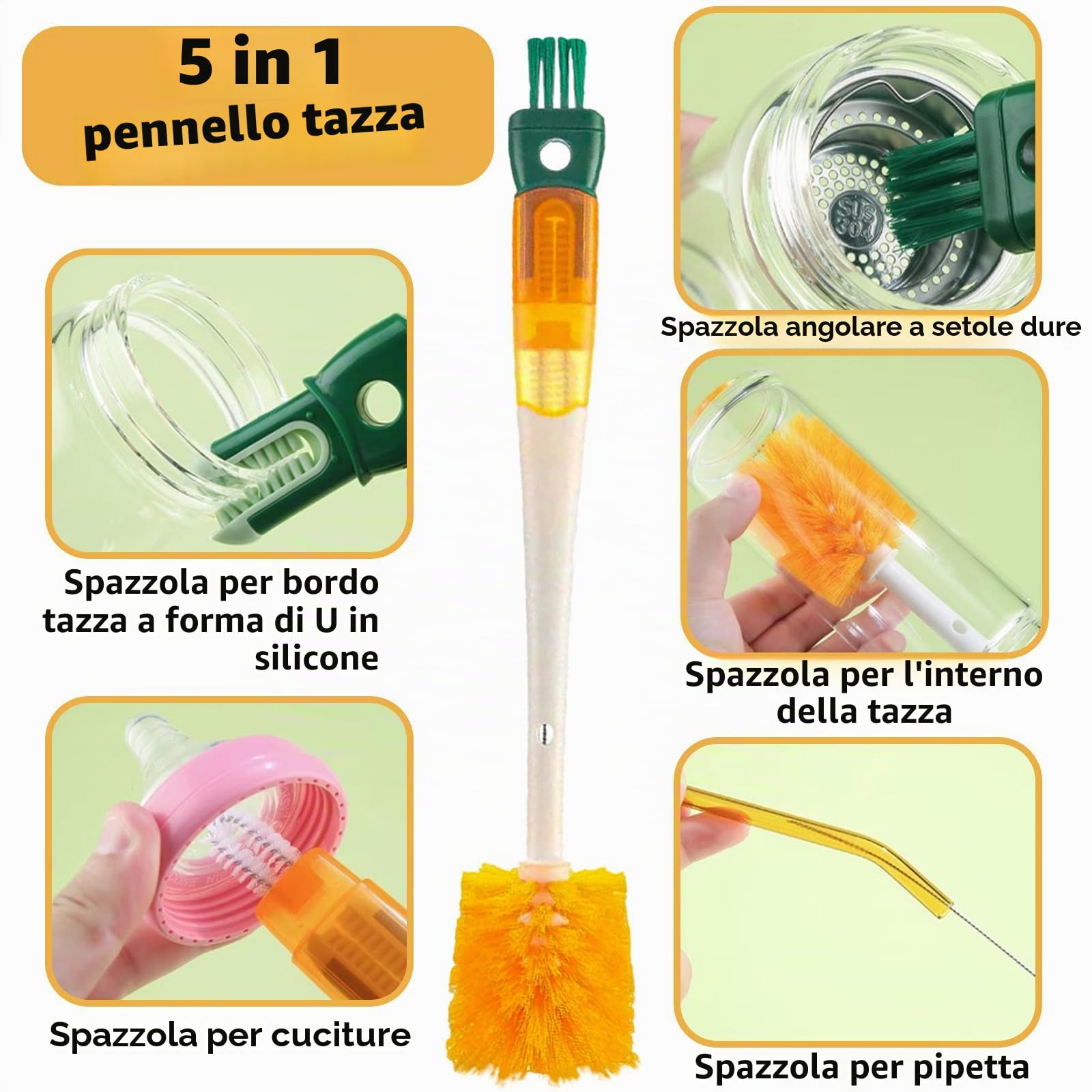 Scovolino per Borraccia, Scovolino per Bottiglie, 5 in 1 Spazzola per Bottiglia, Adatto a Tutti I Tipi di Bicchieri, può Pulire Bocche di Tazze, Cannucce e Altri Luoghi (1)