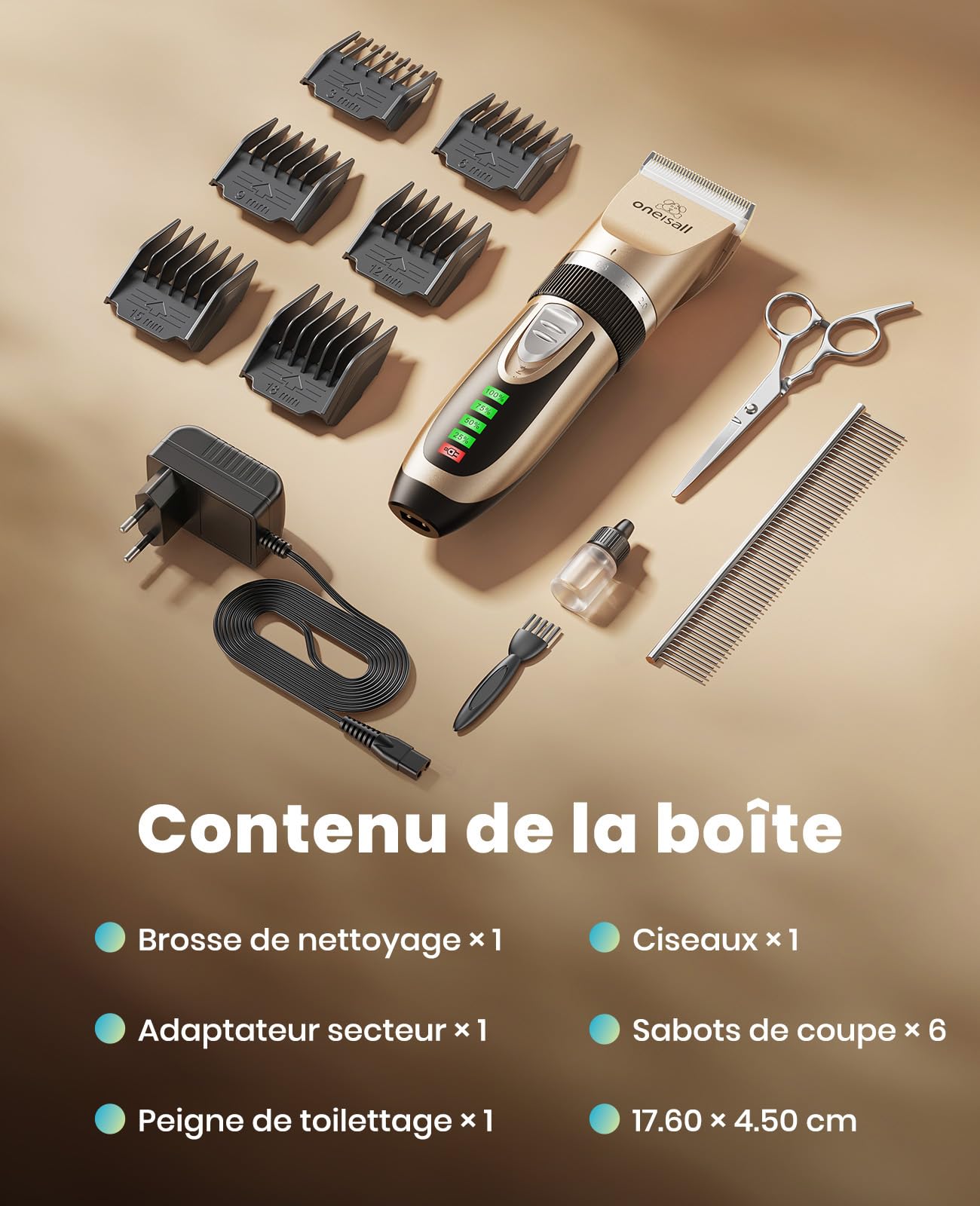 oneisall Tondeuse silencieuse pour chiens, batterie 2000mAh, autonomie 4h, pour chats et chiens à poil épais, rasoir pour poils longs (doré)