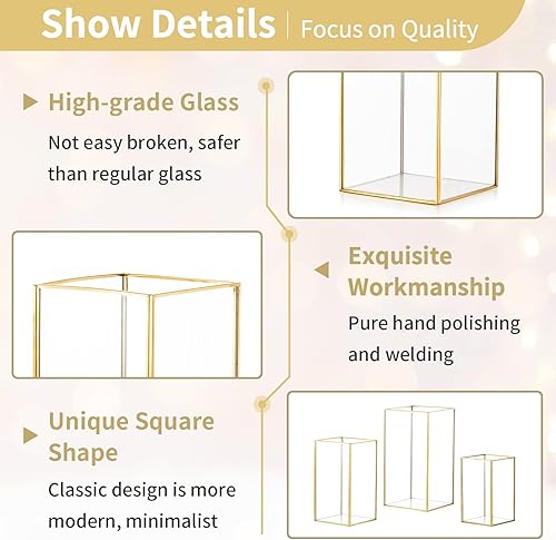 Miniatura 6 de Nuptio Juego de 18 portavelas de cristal con forma de huracán, portavelas de pilar dorado, grandes rectangulares, centros de mesa, decoración para