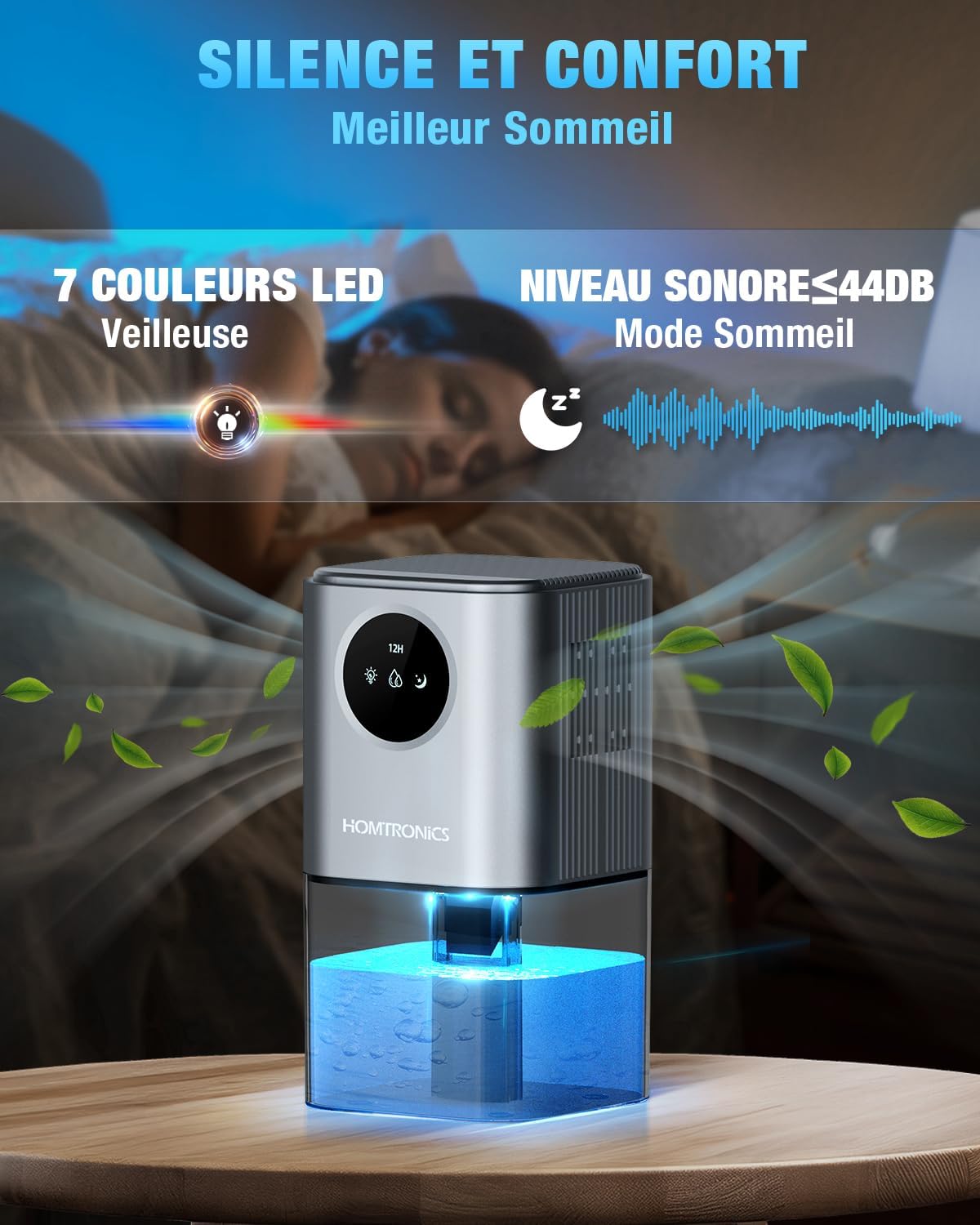 Homtronics Dehumidifier with LED lights and quiet operation