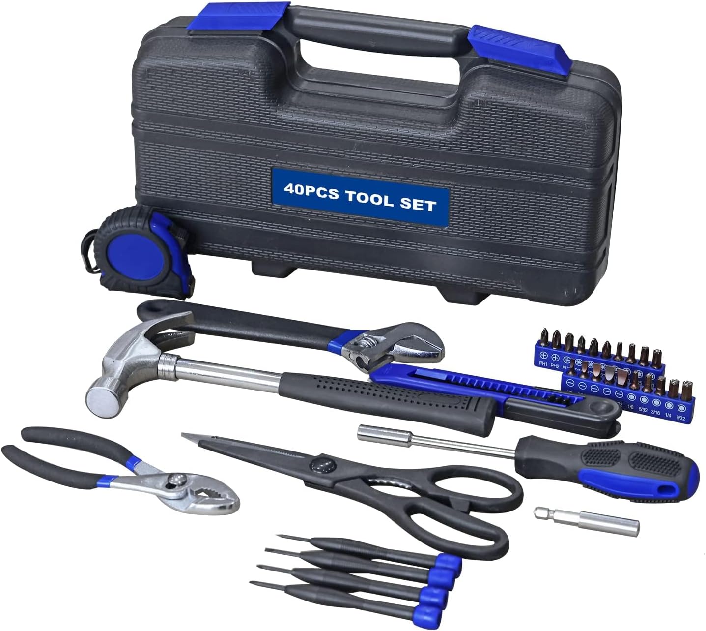 Torin 40 Piece Tool Set Household Repair Tool Kit with Plastic ToolBox, adjustable wrench, driver handle, linesman pliers, measuring tape, screwdriver bits, screwdrivers Set For Men Women, APK040TSM-2