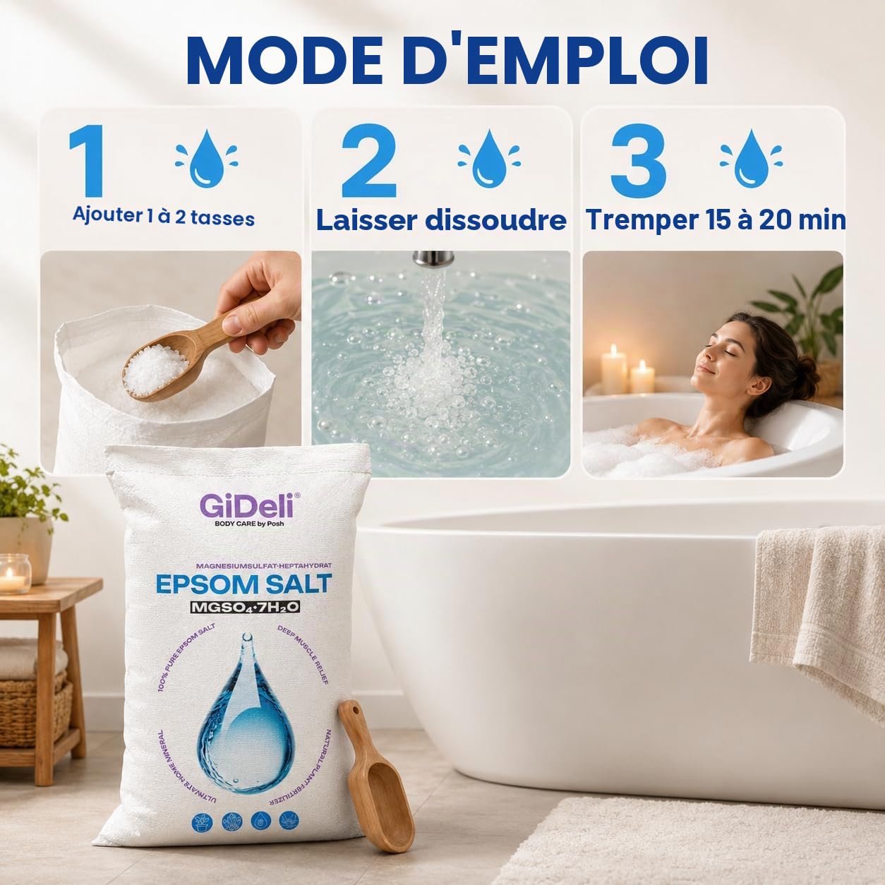 GiDeli Epsom Sel de bain Sel d'Epsom Sel d'Epsom Sel de magnésium pur heptahydraté Qualité pharmaceutique (25 kg)