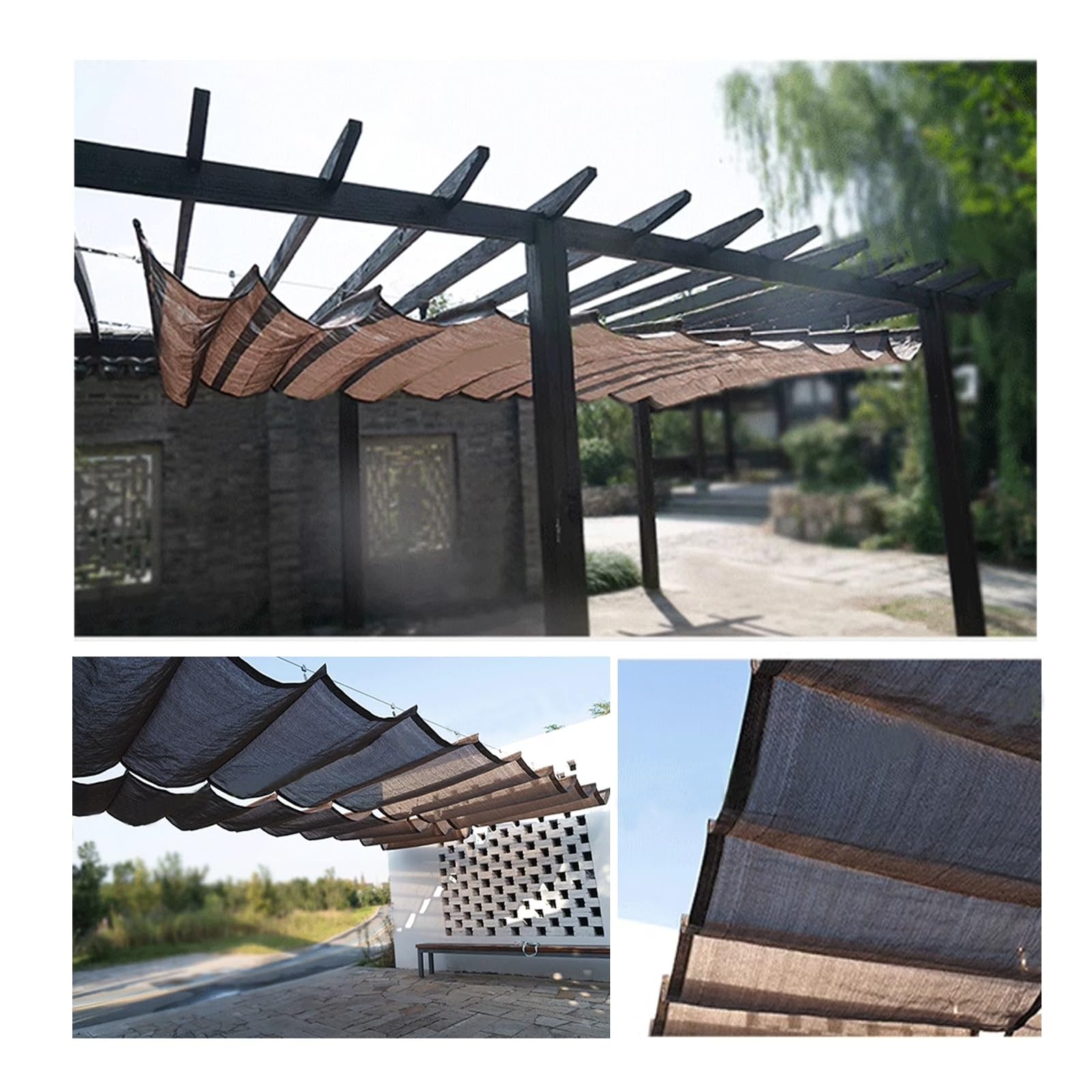 Windscreen4less Ausziehbarer Schattenschutz Für Pergola & Terrasse – Wellenform, 165 G/m² PE, UV-Schutz 95%, Beige (ca. 7,6 X ? M)