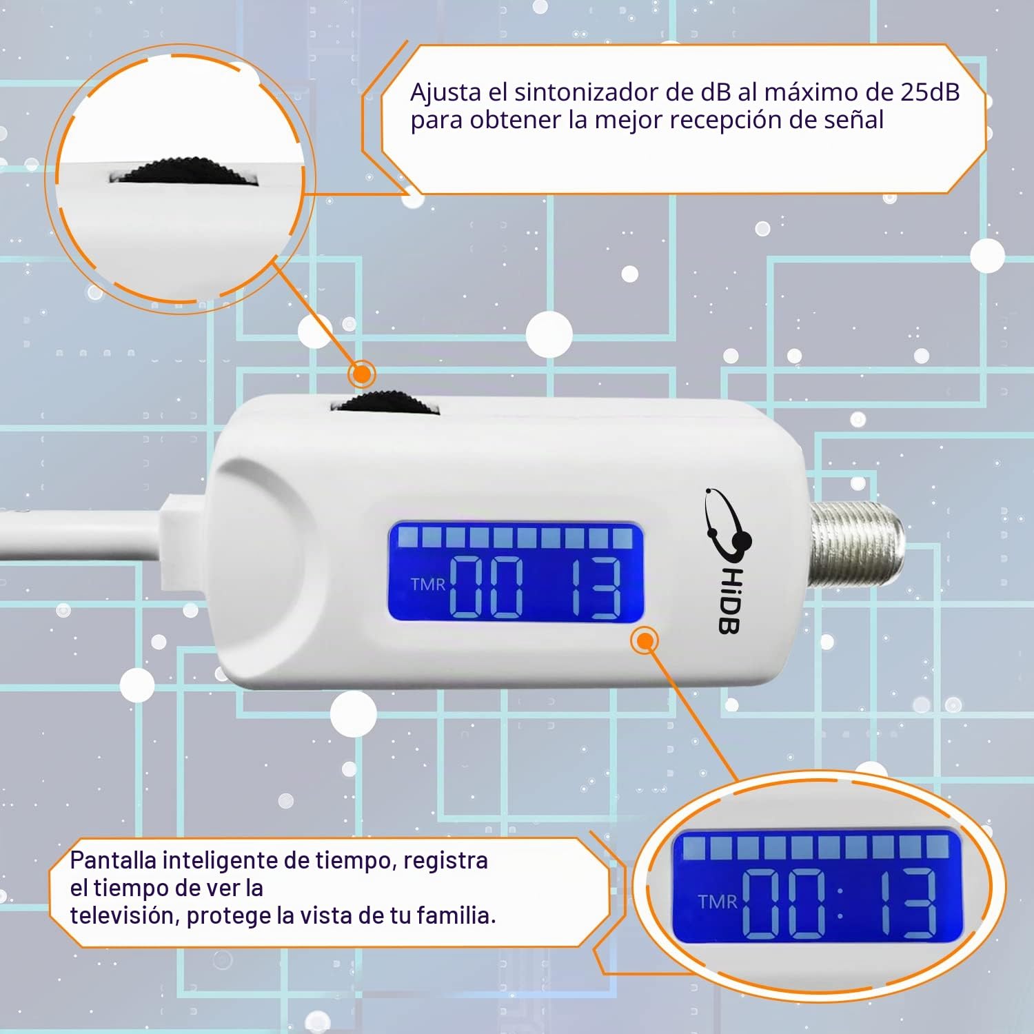 Amplificador de señal de antena de TV, amplificador de antena de TV de alta ganancia de 25 dBi para TV 4K HDTV, bajo ruido, ganancia y temporizador ajustables, alimentado por USB, amplificador de