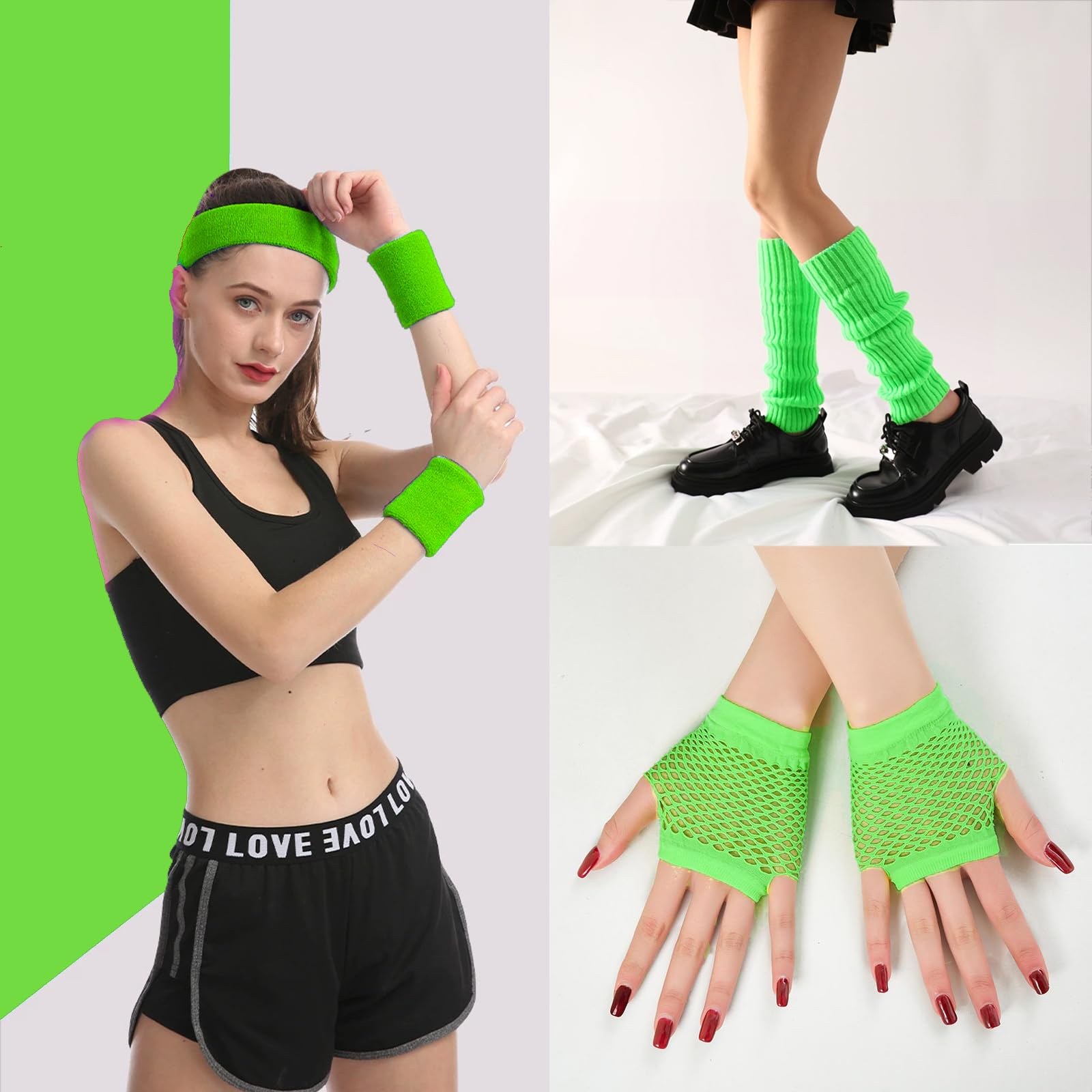 MUFEKUM 80s Fancy Dress Costumes Accessories, Leg Warmers Fishnet Gloves Headband Wristbands Sweatbands Neon Set - Image 3