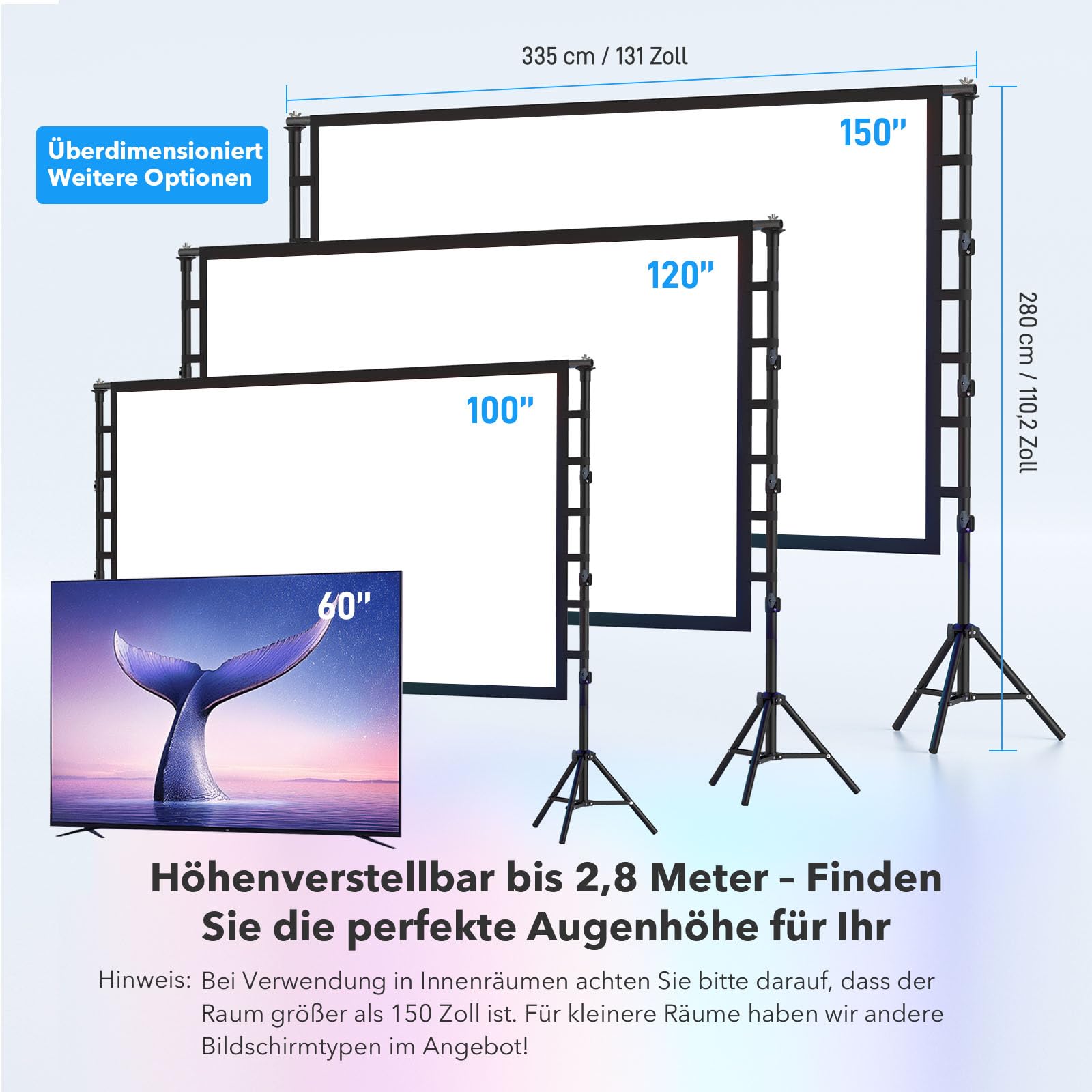 Outdoor Beamer Leinwand mit Stativ 150 Zoll: Tragbare Projektionsleinwand 16:9 4K HD, Kinoleinwand für Innen/Außen, mit Tragetasche & höhenverstellbarem Stand für Heimkino & Camping
