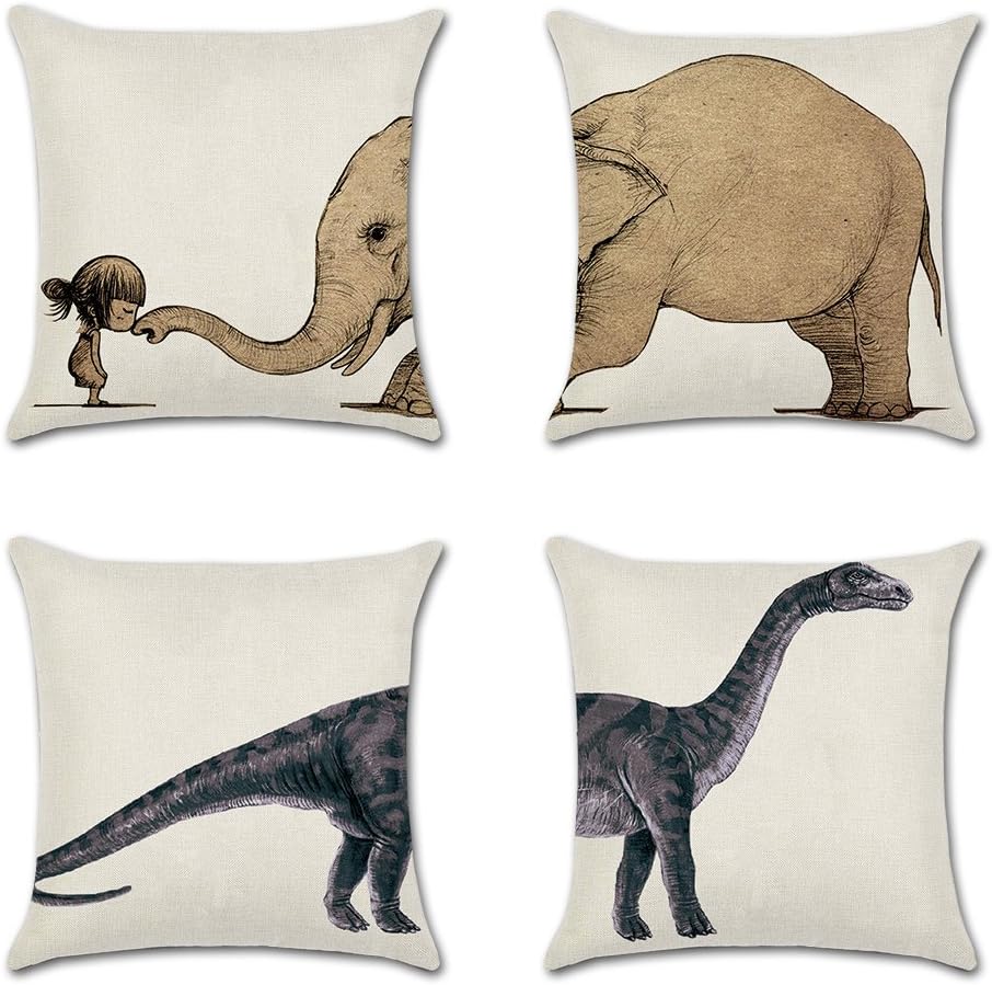 laime Throw Pillow Covers Decorative Pillowcases 18x18inch (4 Pieces Set) Pillow Cases Home Car Decorative (Elephant and Dinosaur)