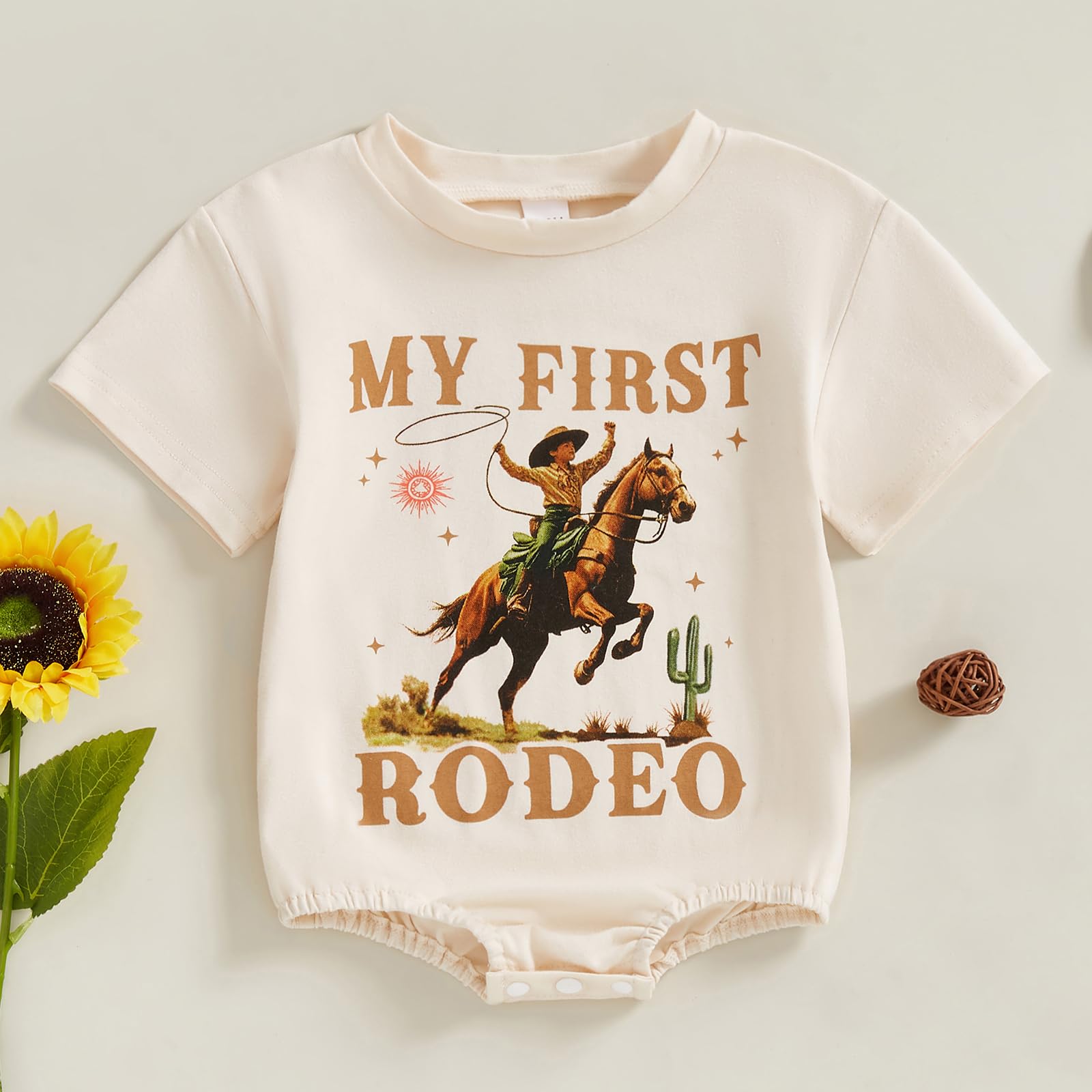 FIOMVA Baby Girl Boy Western Outfit Infant My First Roder Cowgirl Cowboy Romper Newborn Bodysuit Toddler Summer Clothes (C My First Roder Beige, 6-12 Months)