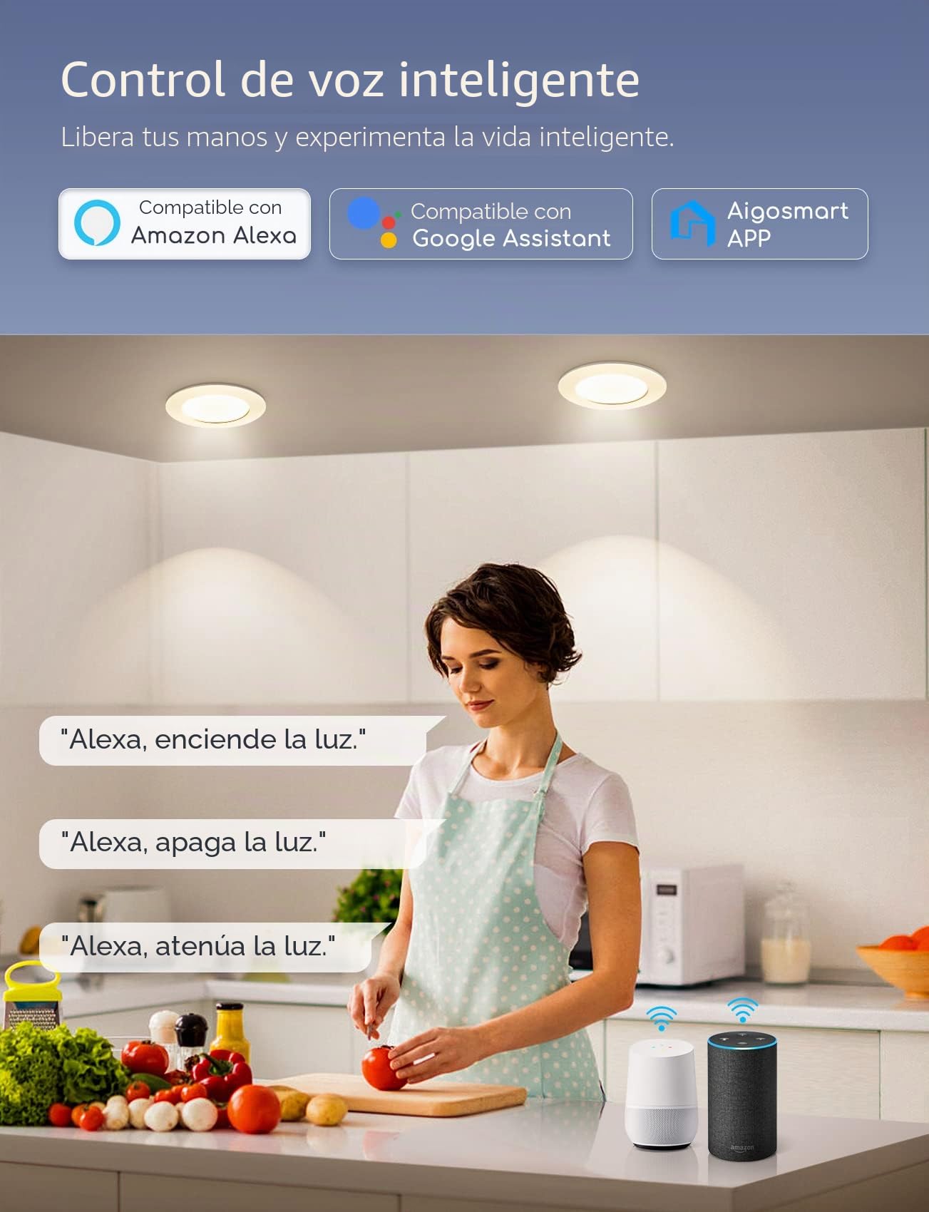 Aigostar 15 W inteligente Downlight LED, 6 Pack Luces para Alexa de 1430 LM Wi-Fi, Focos LED empotrada compatible con Alexa y Google Home, Regulable de luz cálida a blanca 3000-6500K, Φ145-155 mm