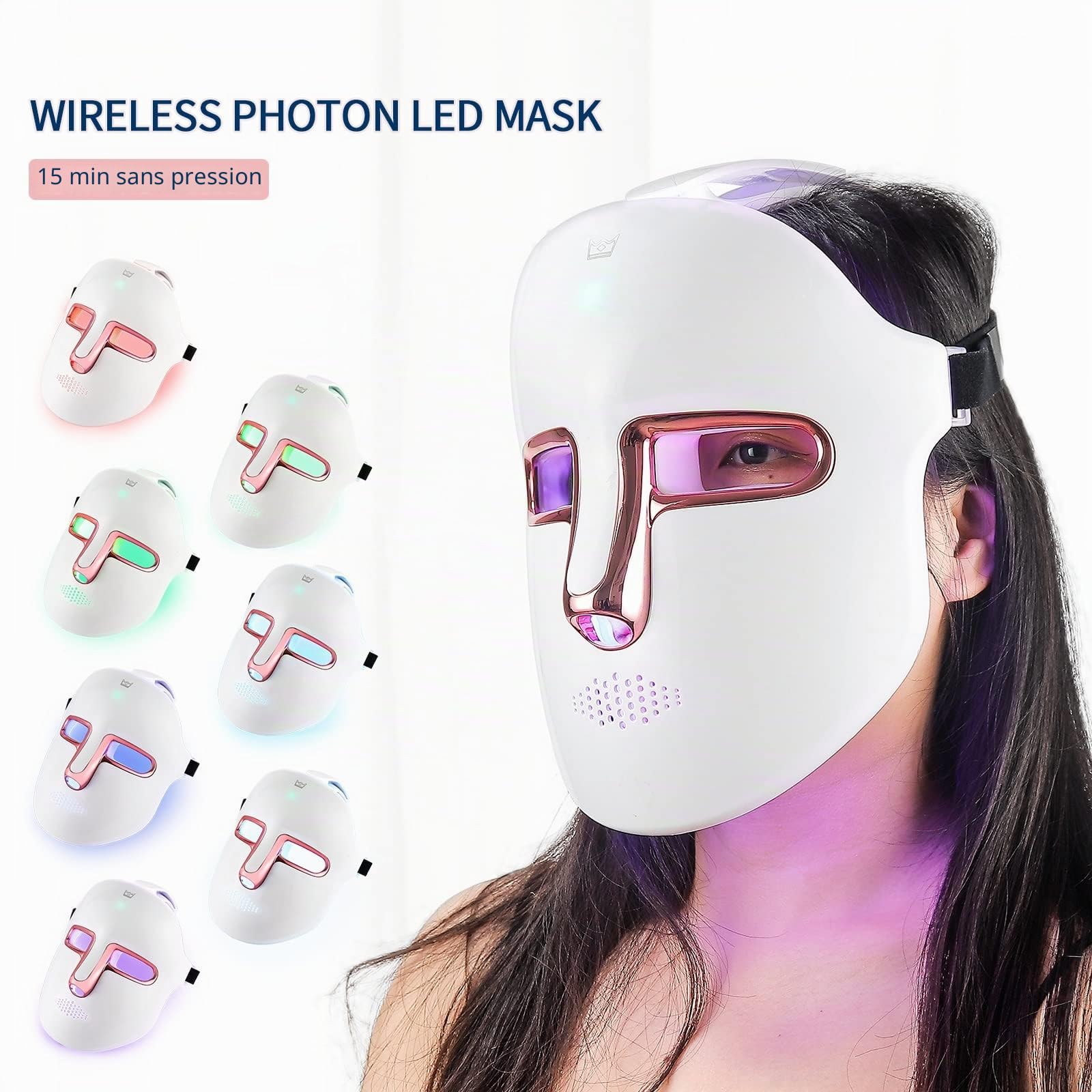Masque de beauté LED sans fil, 7 couleurs avec 270 perles, masque lumineux LED rechargeable pour la beauté du visage, anti-anges, rajeunissement, raffermissant, rides lisses