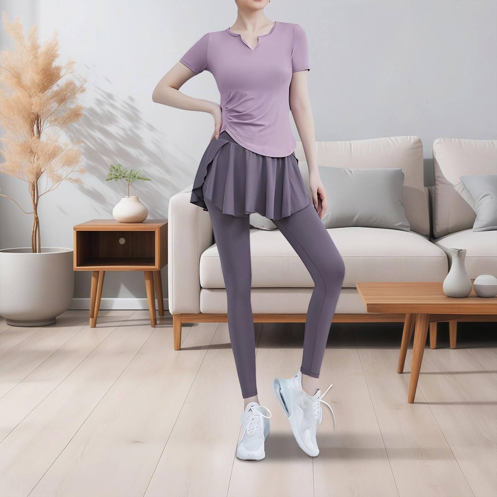 2-teiliges Damen-Fitness-Set in XL, kurzärmeliges Oberteil mit V-Ausschnitt und Leggings mit hoher Taille für Pilates und Yoga, atmungsaktives Spandex-Poly-Material, violett, Einheitsgröße