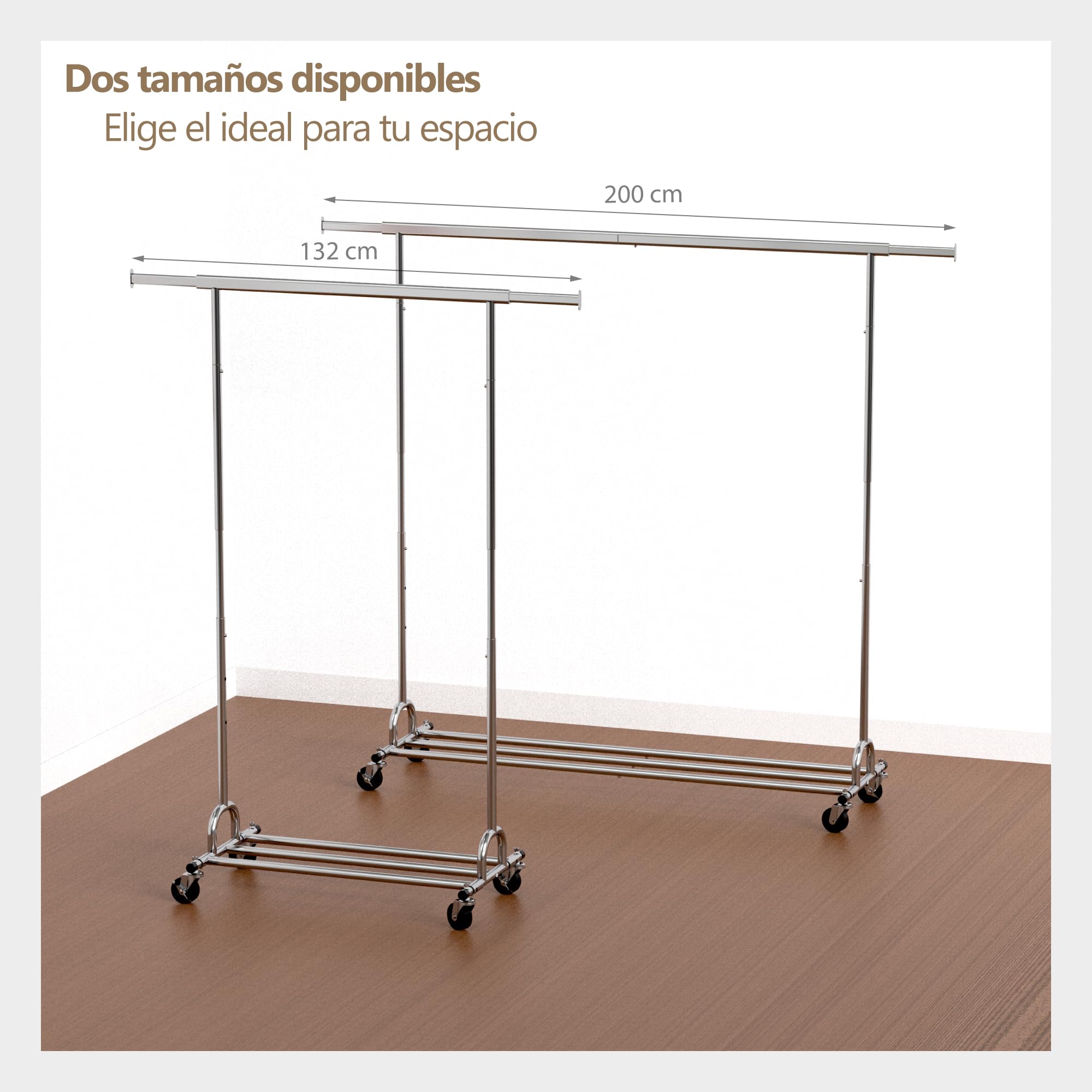 PORTENTUM Perchero burro ropa resistente extensible con ruedas y frenos – Altura regulable entre 149 y 174 cm – Hasta 180 kg de carga – Organizador ropa de acero de 45 x (92–132) cm de ancho