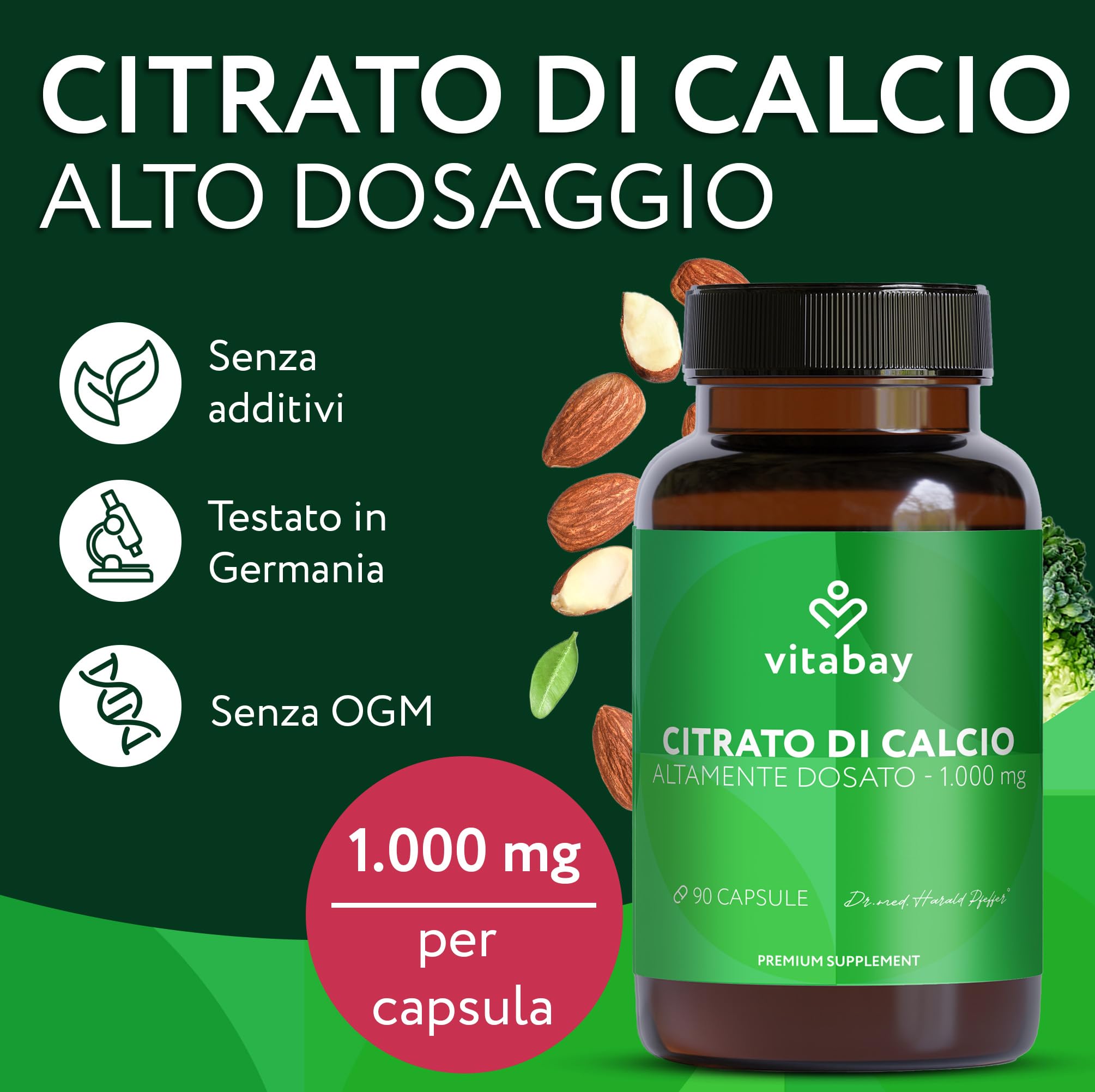 Vitabay Calcio 1000 mg - 90 capsule vegane con citrato di calcio - calcio per metabolismo energetico, ossa e denti - testato in laboratorio in Germania - senza additivi - 1 mese