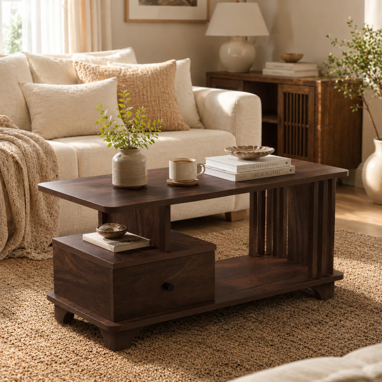 Studio Kook Casa Coffee Table with Storage Drawer, Contemporary Centre Table, Matte Finish (Junglewood)