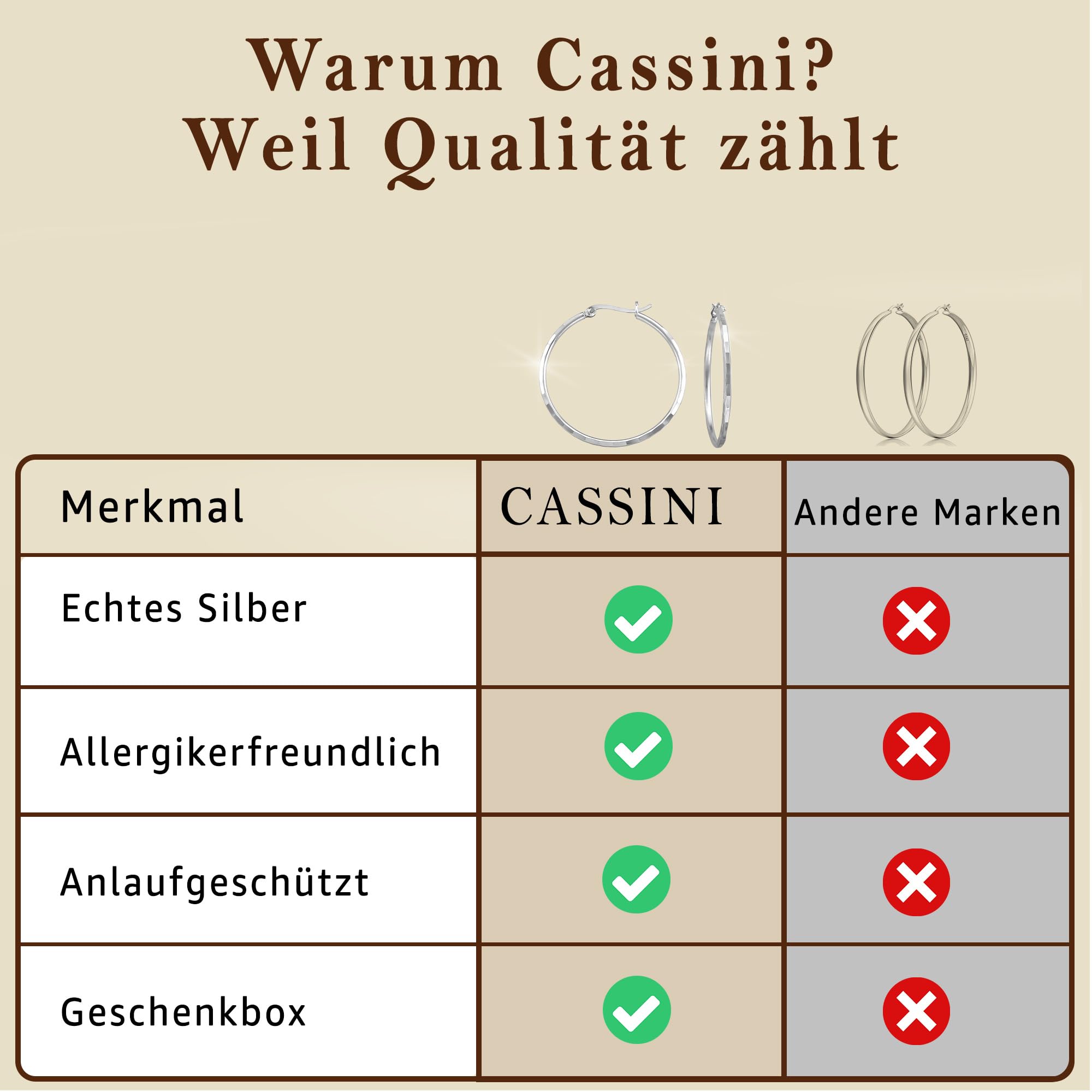 CASSINI Creolen aus 925 Sterling Silber oder vergoldet – Ohrringe mit modernem Klappverschluss, hypoallergen, nickelfrei, bequem und zeitlos, stilvoller Schmuck für Damen 3CVG